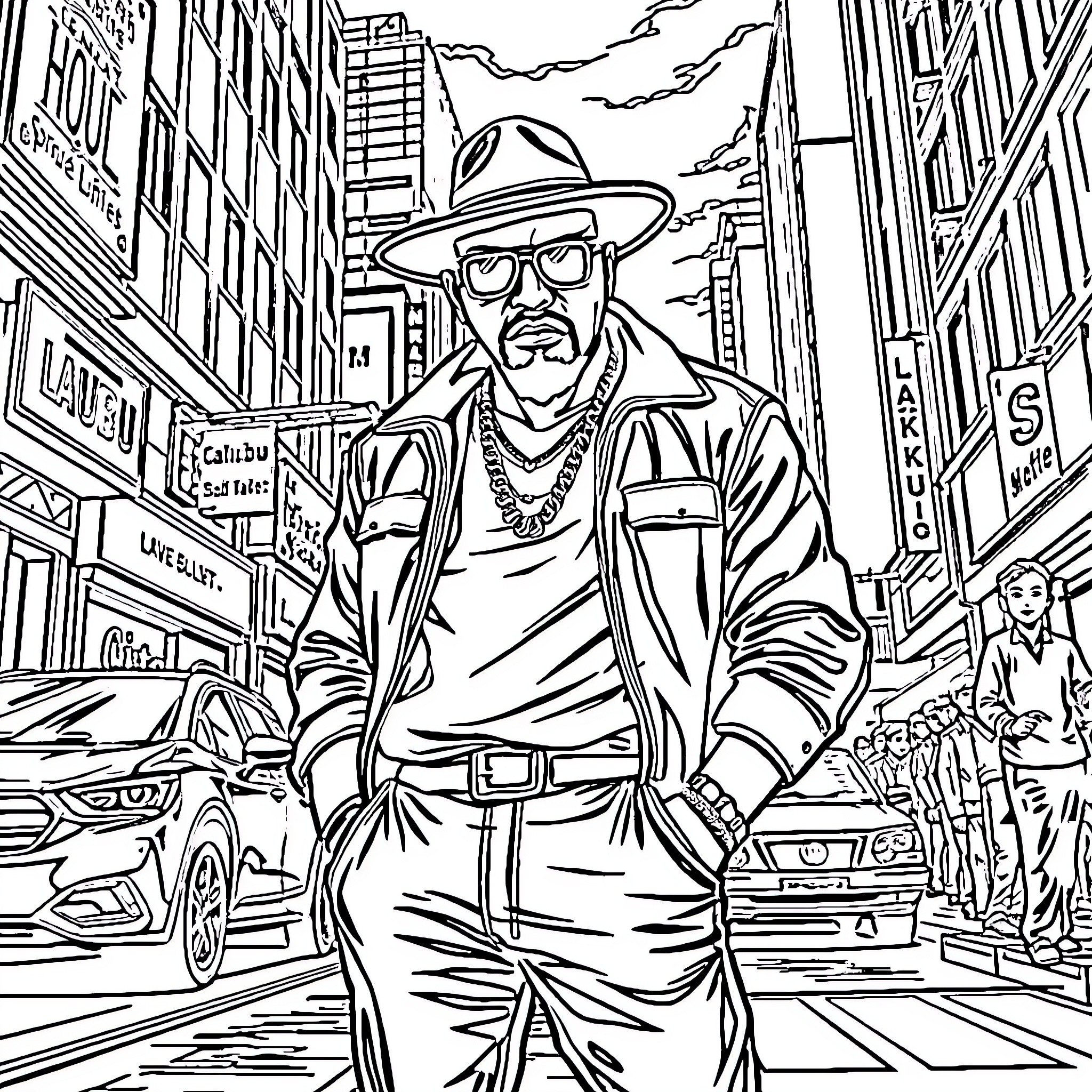 Gangster posing in stylish urban street scene Coloring Page (free black-and-white line drawing printable PDF for all, from beginners to advanced learners, including children, teens, adults, and seniors)