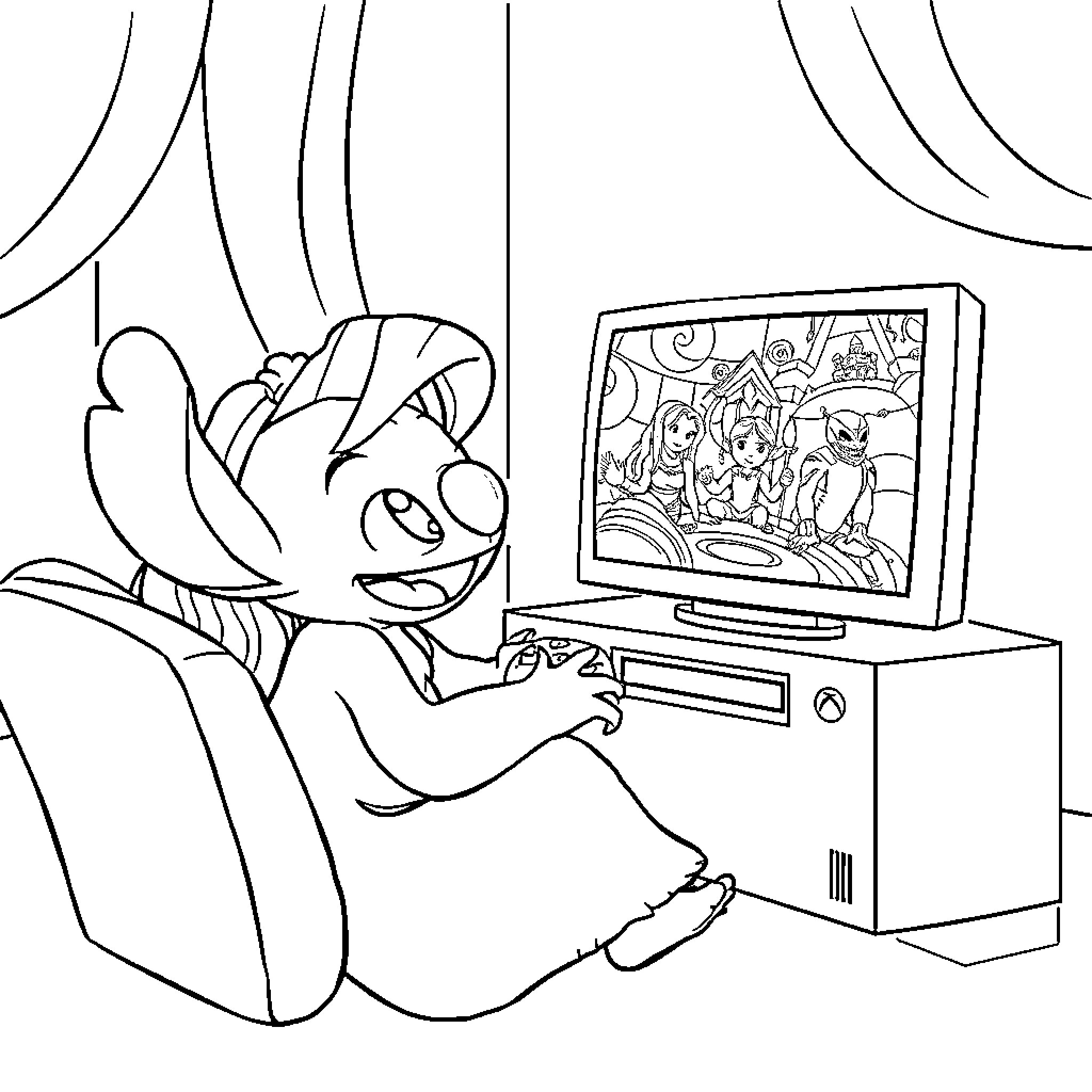 Sleeping Beauty watching a cartoon on TV Coloring Page (free black-and-white line drawing printable PDF for all, from beginners to advanced learners, including children, teens, adults, and seniors)