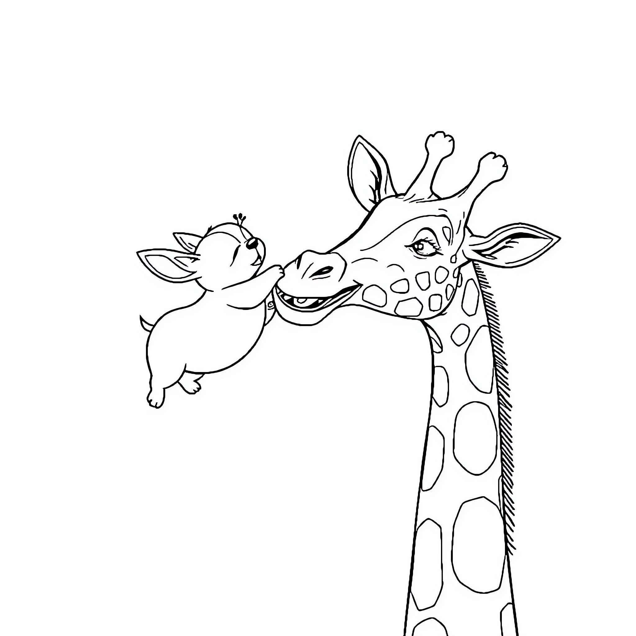 Corgi befriending a curious giraffe Coloring Page (free black-and-white line drawing printable PDF for all, from beginners to advanced learners, including children, teens, adults, and seniors)