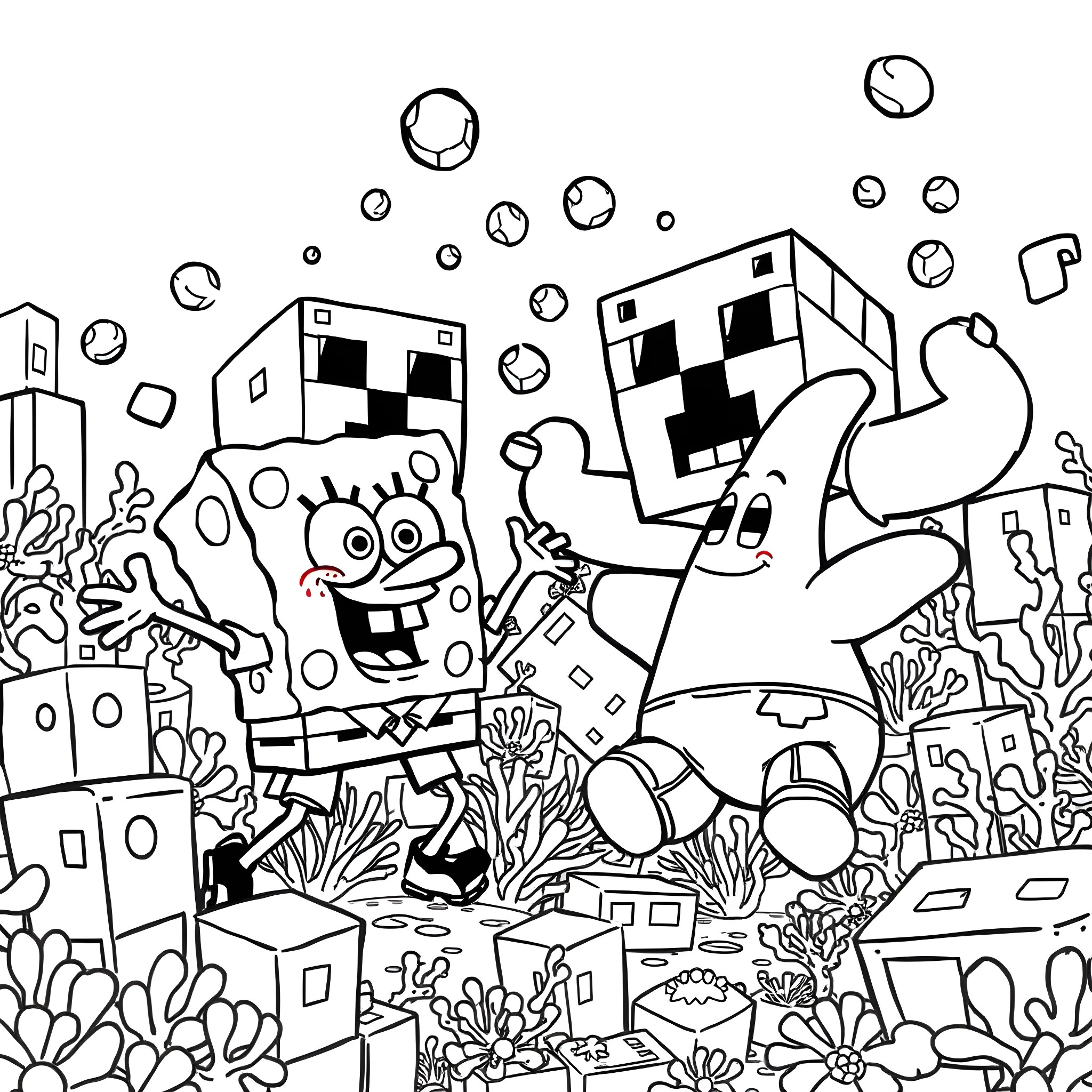 Spongebob and friends in a whimsical underwater world Coloring Page (free black-and-white line drawing printable PDF for all, from beginners to advanced learners, including children, teens, adults, and seniors)