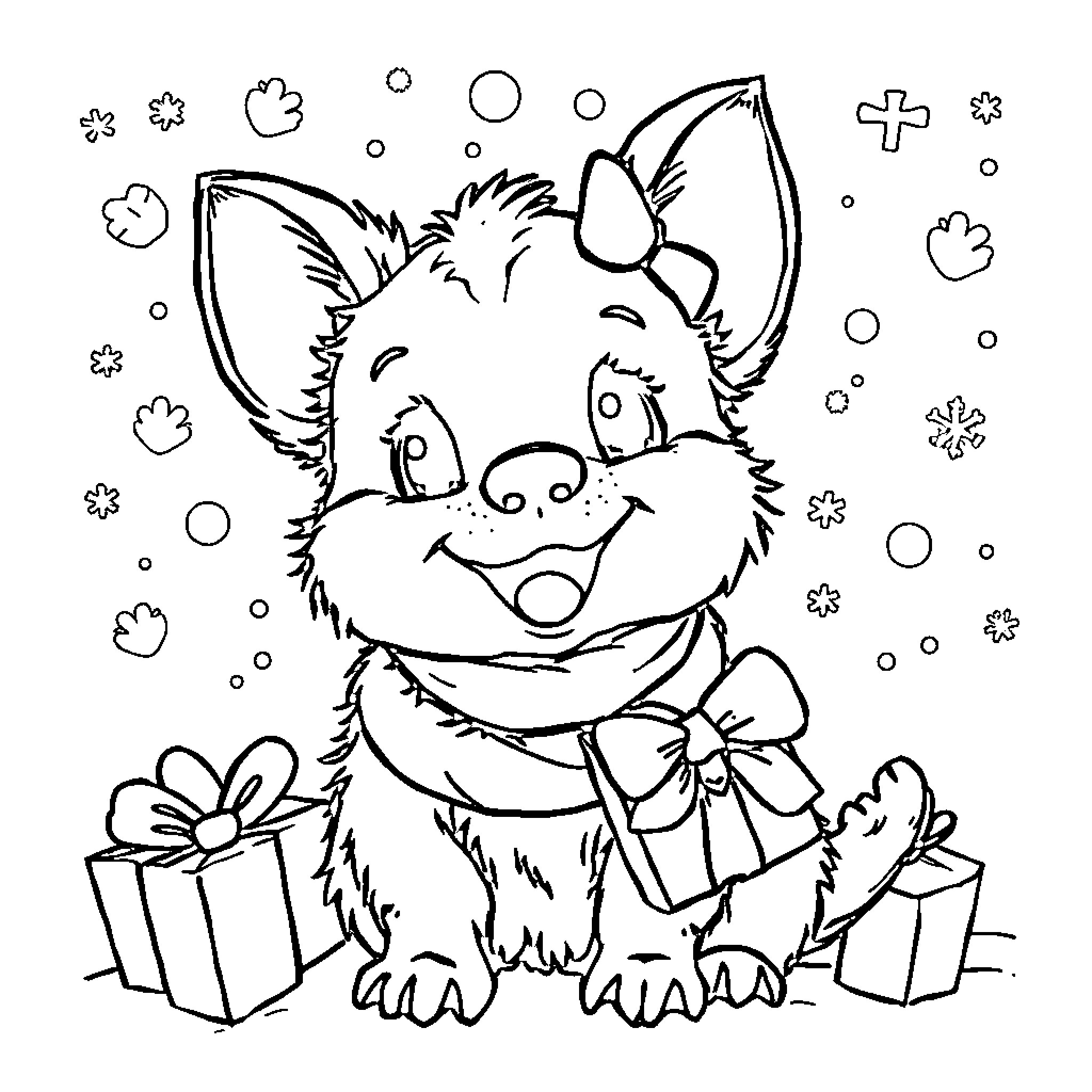 Bluey Enjoying Gifts and Decorations Coloring Page (free black-and-white line drawing printable PDF for all, from beginners to advanced learners, including children, teens, adults, and seniors)