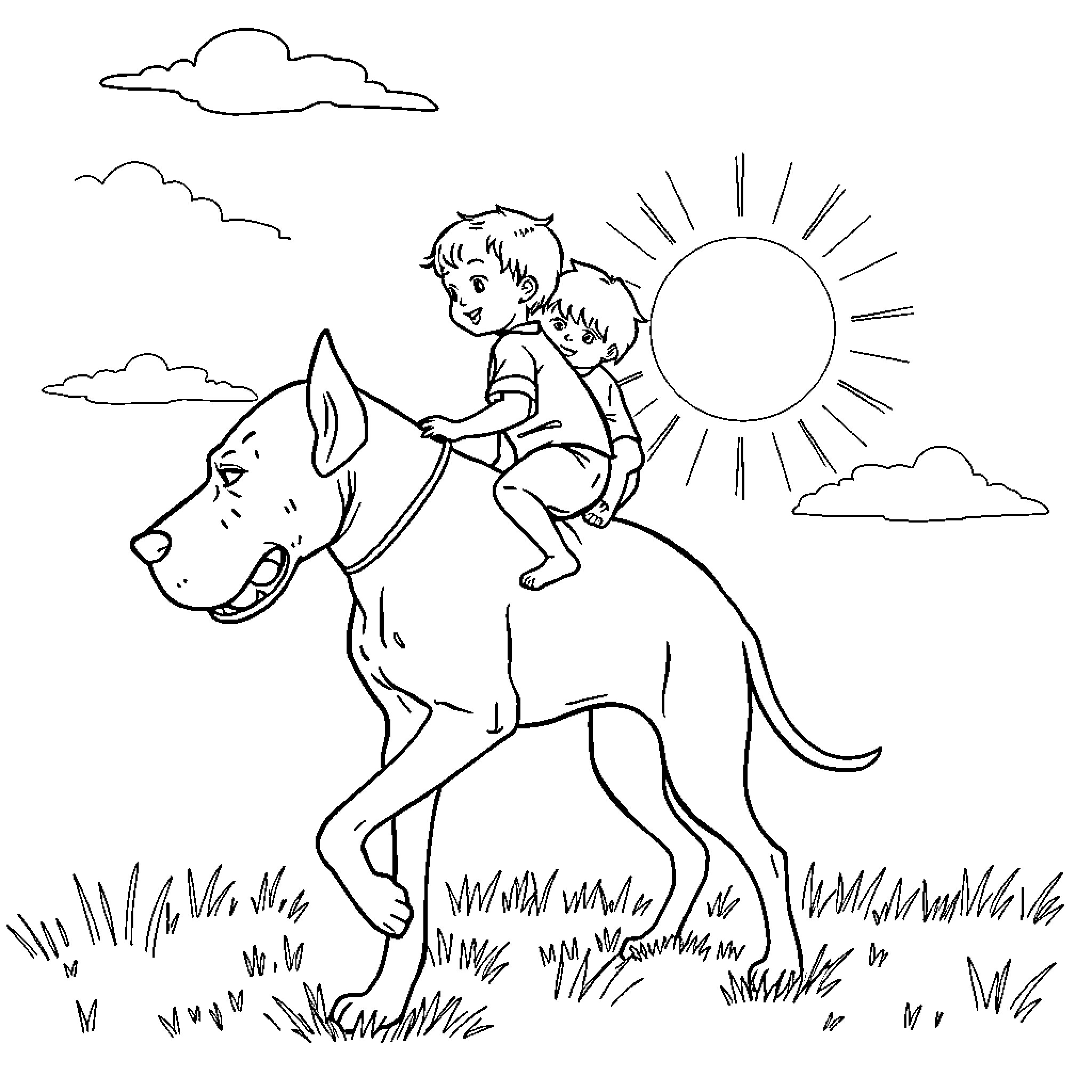 Boy riding happily on a dog in the sunshine Coloring Page (free black-and-white line drawing printable PDF for all, from beginners to advanced learners, including children, teens, adults, and seniors)