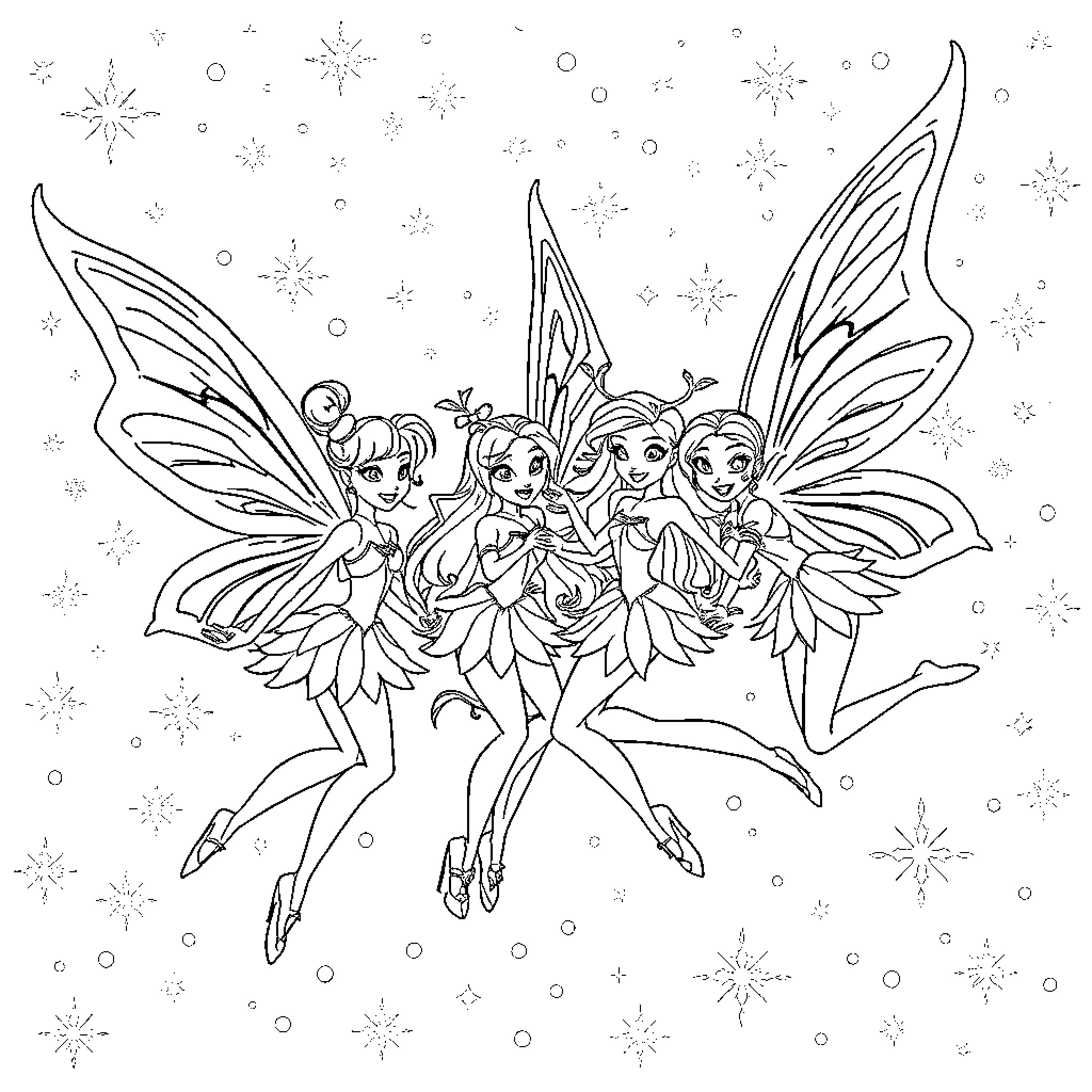 Winx Fairies Spread Their Wings with Joy Coloring Page (free black-and-white line drawing printable PDF for all, from beginners to advanced learners, including children, teens, adults, and seniors)