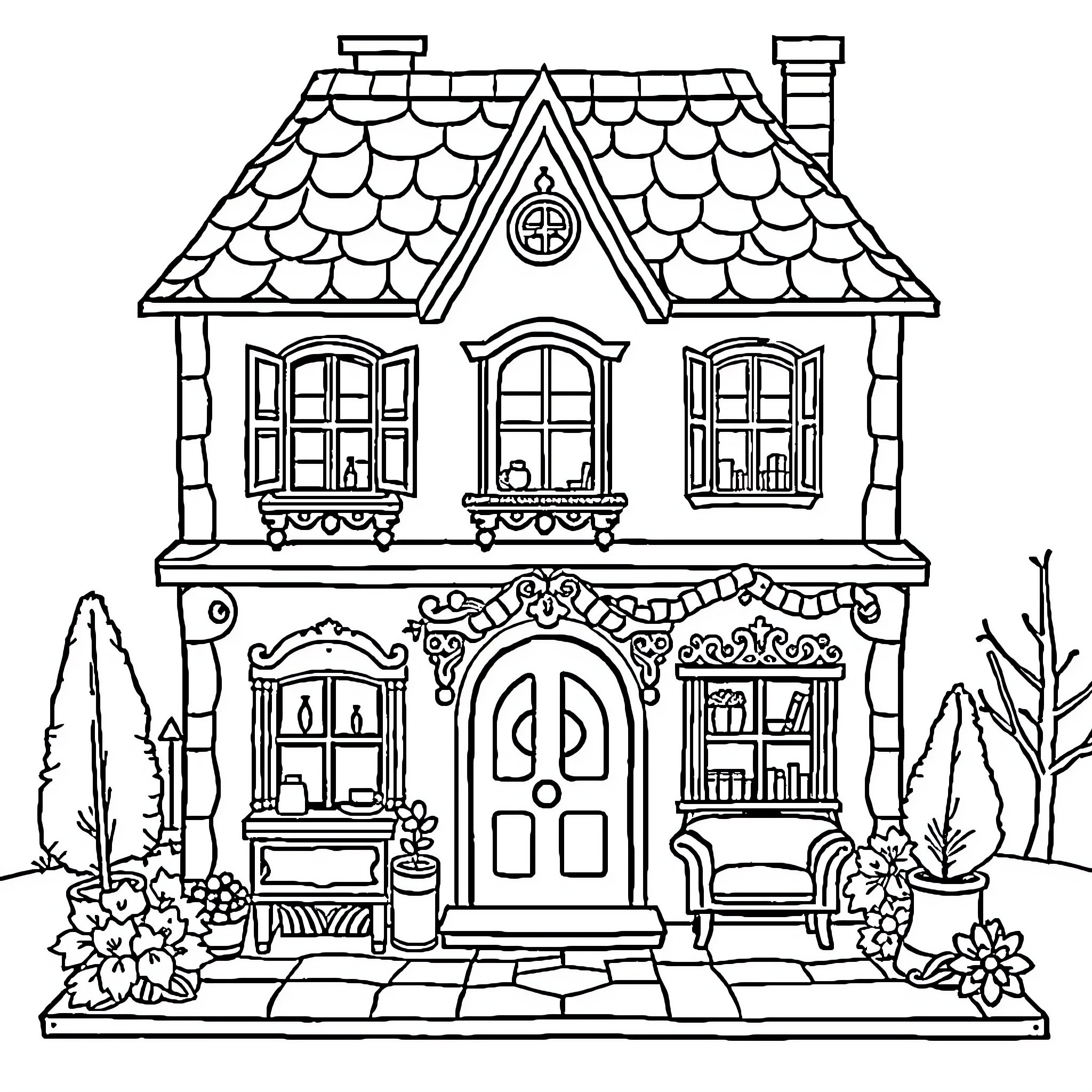 Dollhouse with intricate architecture and decorative elements Coloring Page (free black-and-white line drawing printable PDF for all, from beginners to advanced learners, including children, teens, adults, and seniors)