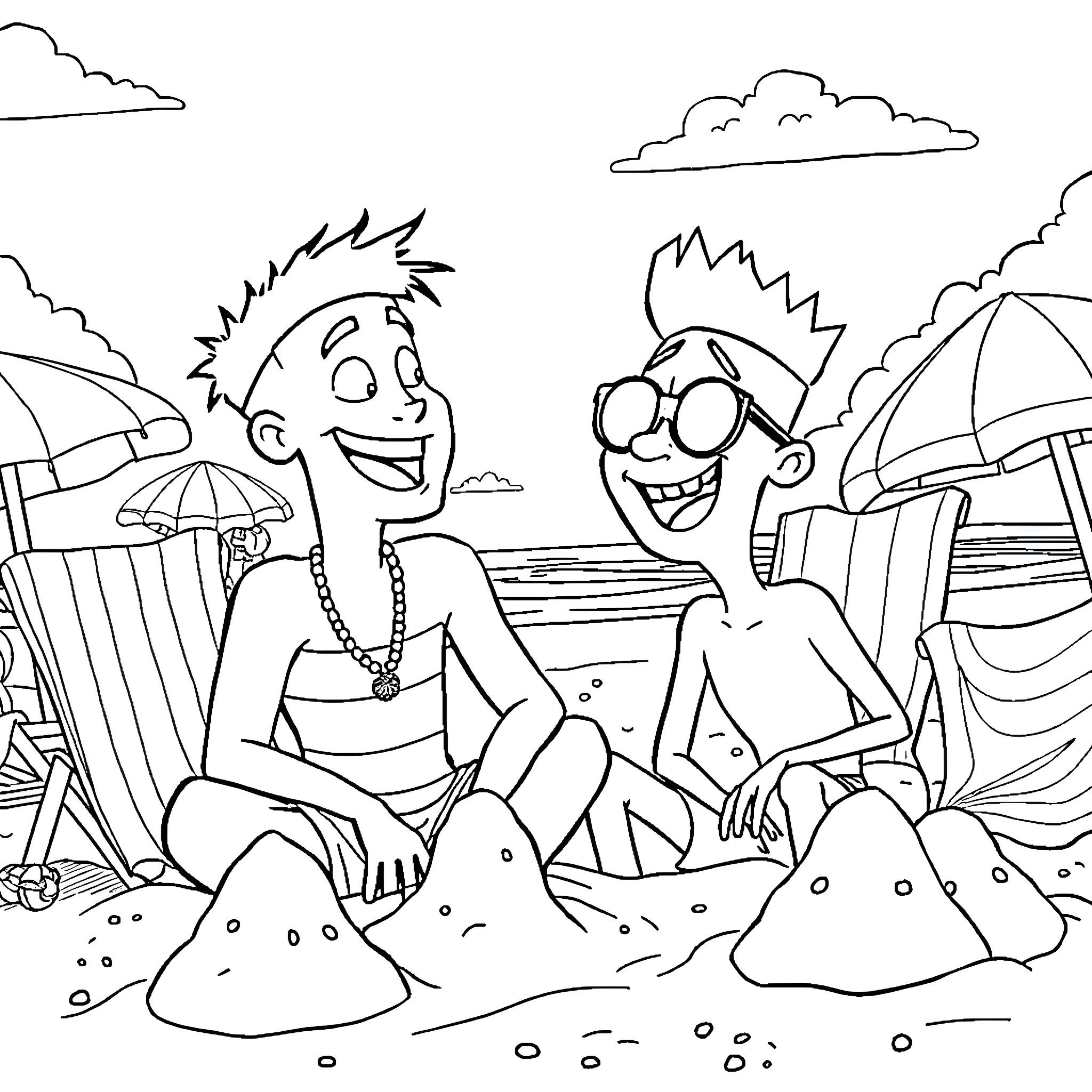 Travis Scott and friends enjoy a fun day at the beach Coloring Page (free black-and-white line drawing printable PDF for all, from beginners to advanced learners, including children, teens, adults, and seniors)