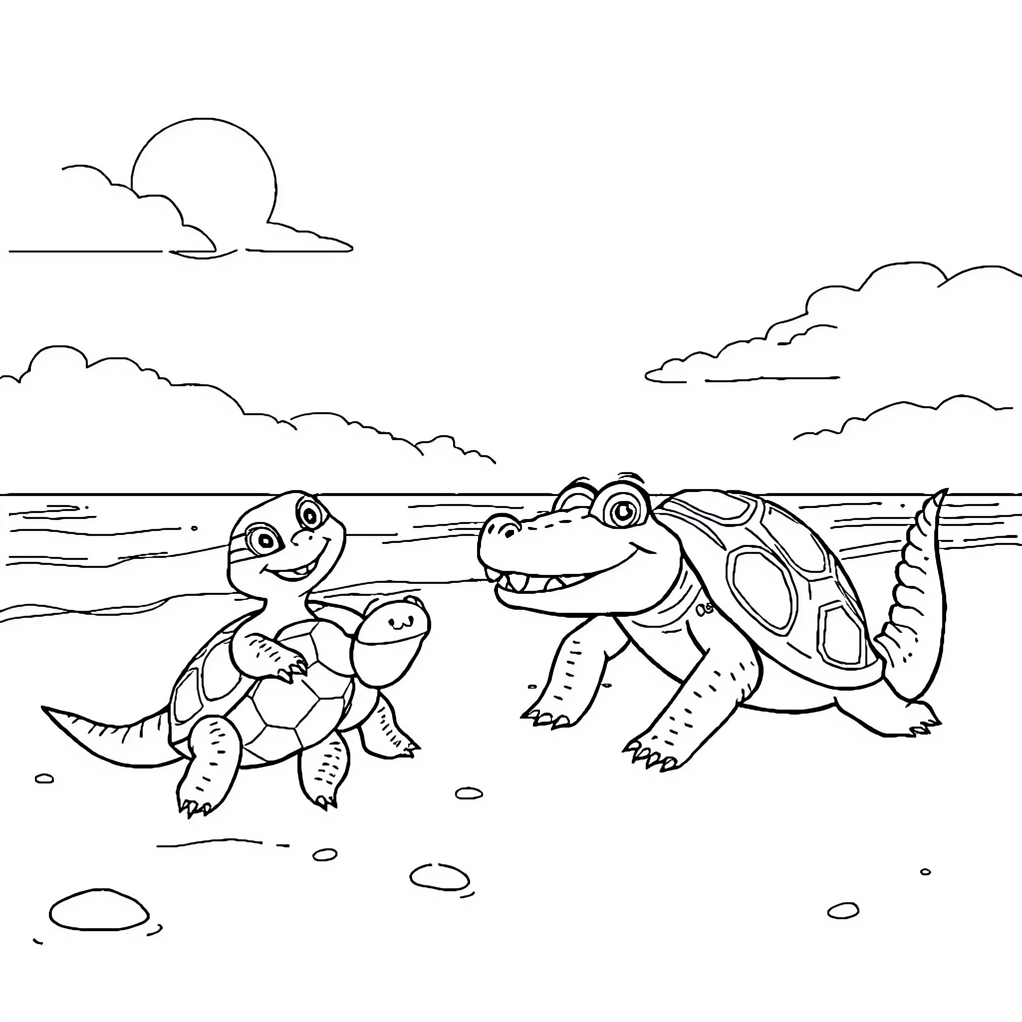 Paw Patrol characters playing at the beach Coloring Page (free black-and-white line drawing printable PDF for all, from beginners to advanced learners, including children, teens, adults, and seniors)