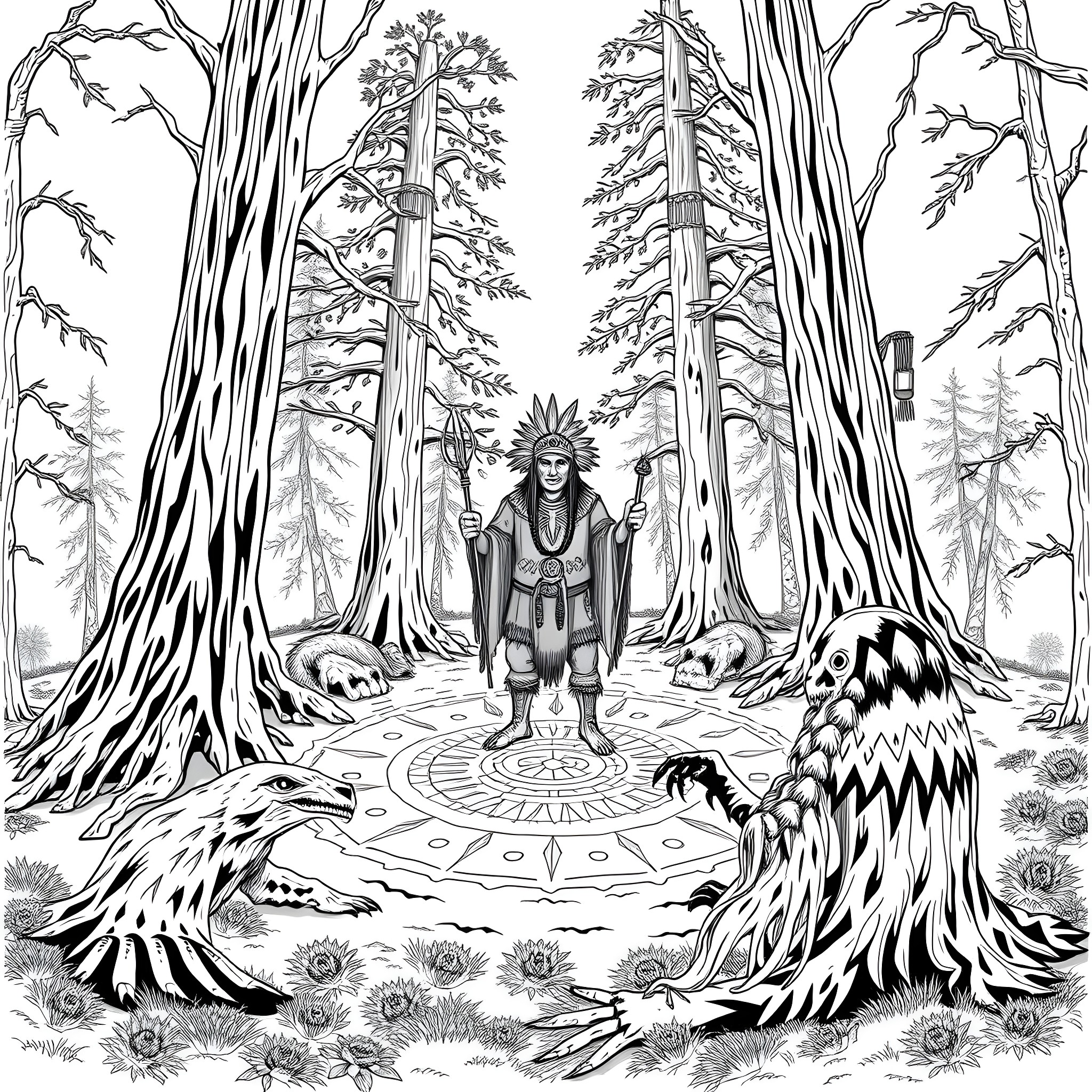 Shaman Performing Ritual in Mystical Forest Coloring Page (free black-and-white line drawing printable PDF for all, from beginners to advanced learners, including children, teens, adults, and seniors)