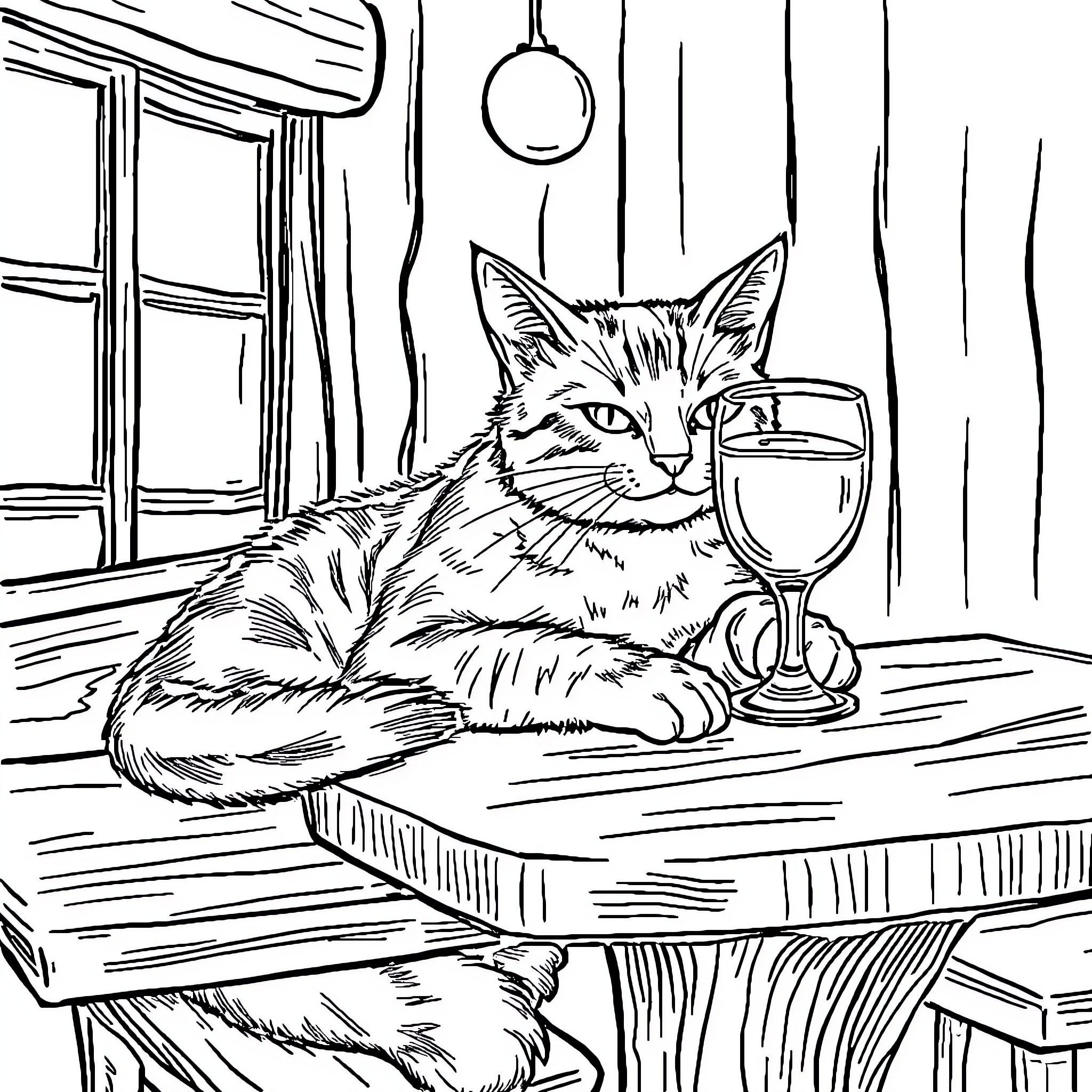 Cat relaxing with a glass of wine Coloring Page (free black-and-white line drawing printable PDF for all, from beginners to advanced learners, including children, teens, adults, and seniors)