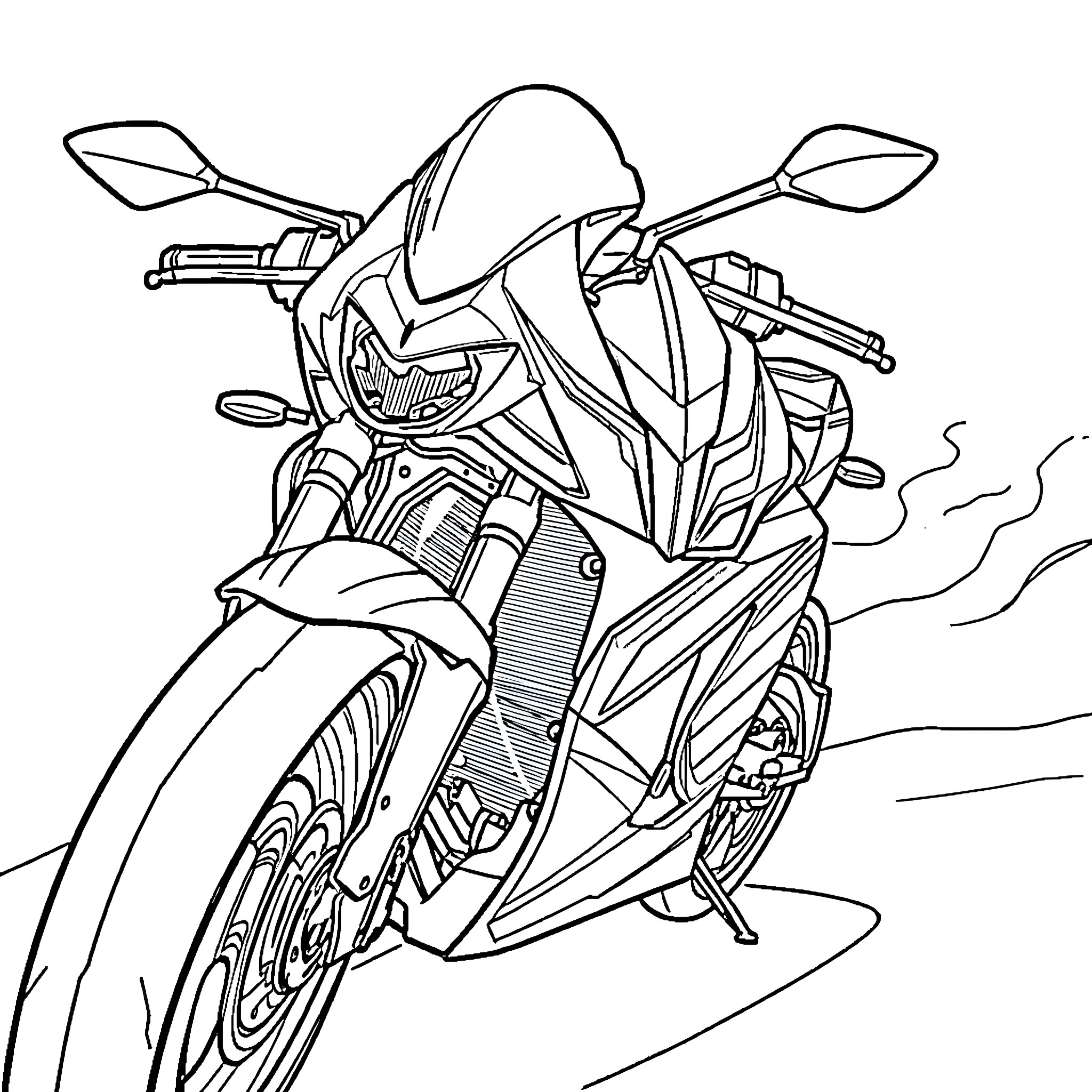 Anime Motorcycle in Dynamic Motion Coloring Page (free black-and-white line drawing printable PDF for all, from beginners to advanced learners, including children, teens, adults, and seniors)