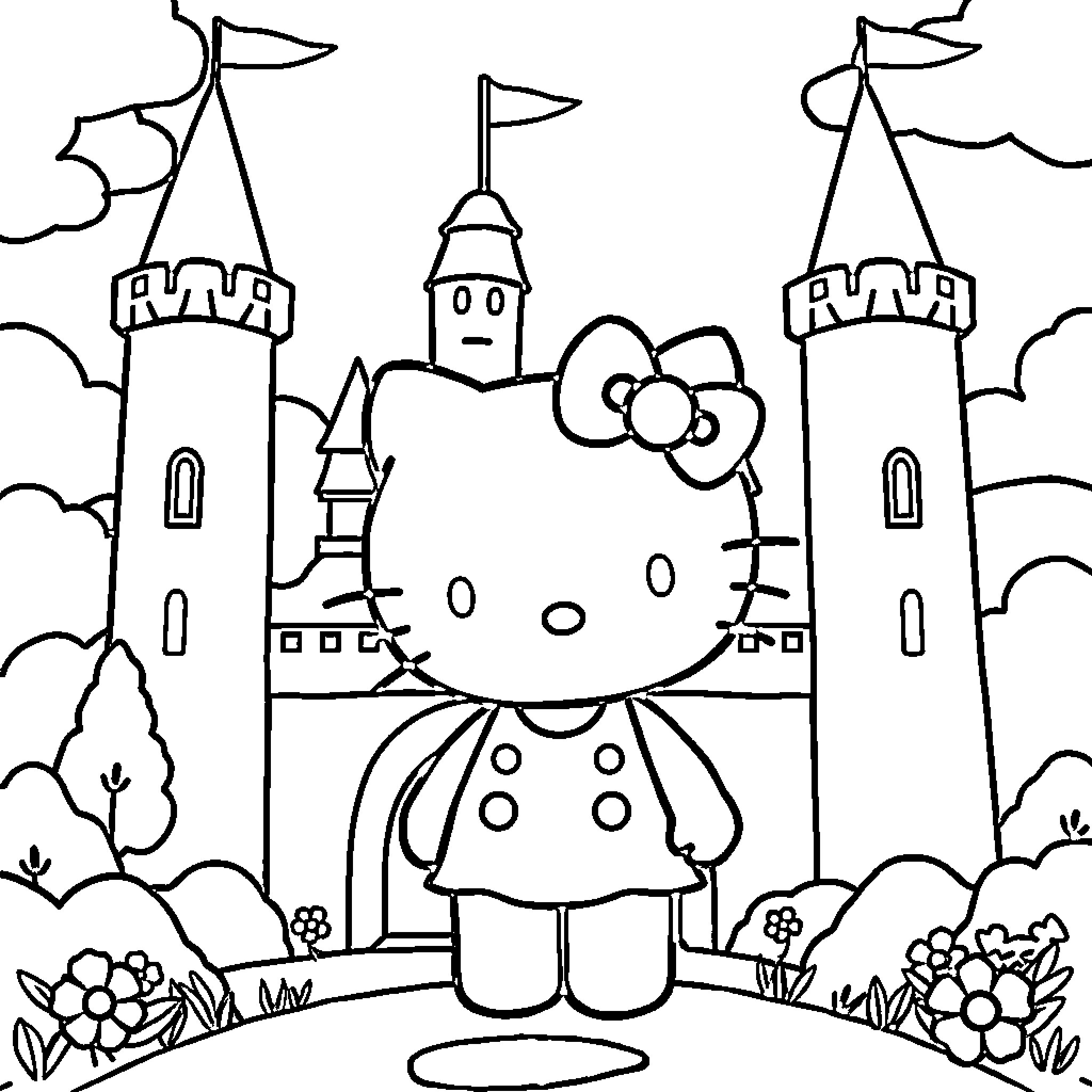 Hello Kitty explores a fairytale castle Coloring Page (free black-and-white line drawing printable PDF for all, from beginners to advanced learners, including children, teens, adults, and seniors)