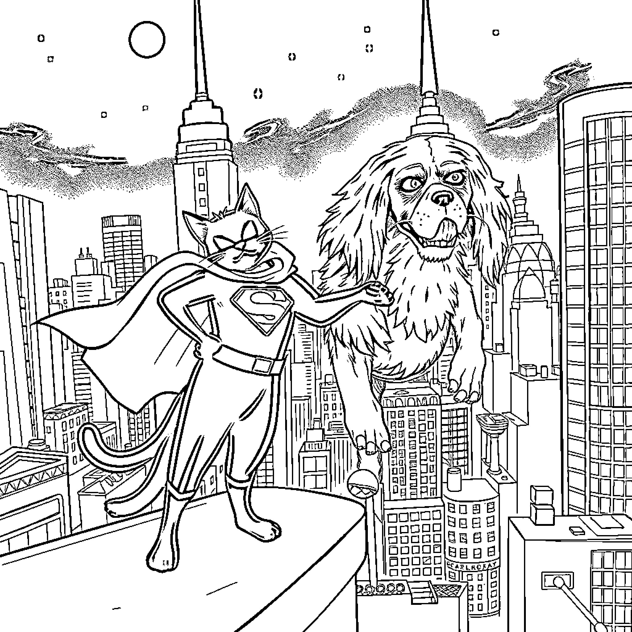 Cat and dog superheroes protect the city Coloring Page (free black-and-white line drawing printable PDF for all, from beginners to advanced learners, including children, teens, adults, and seniors)