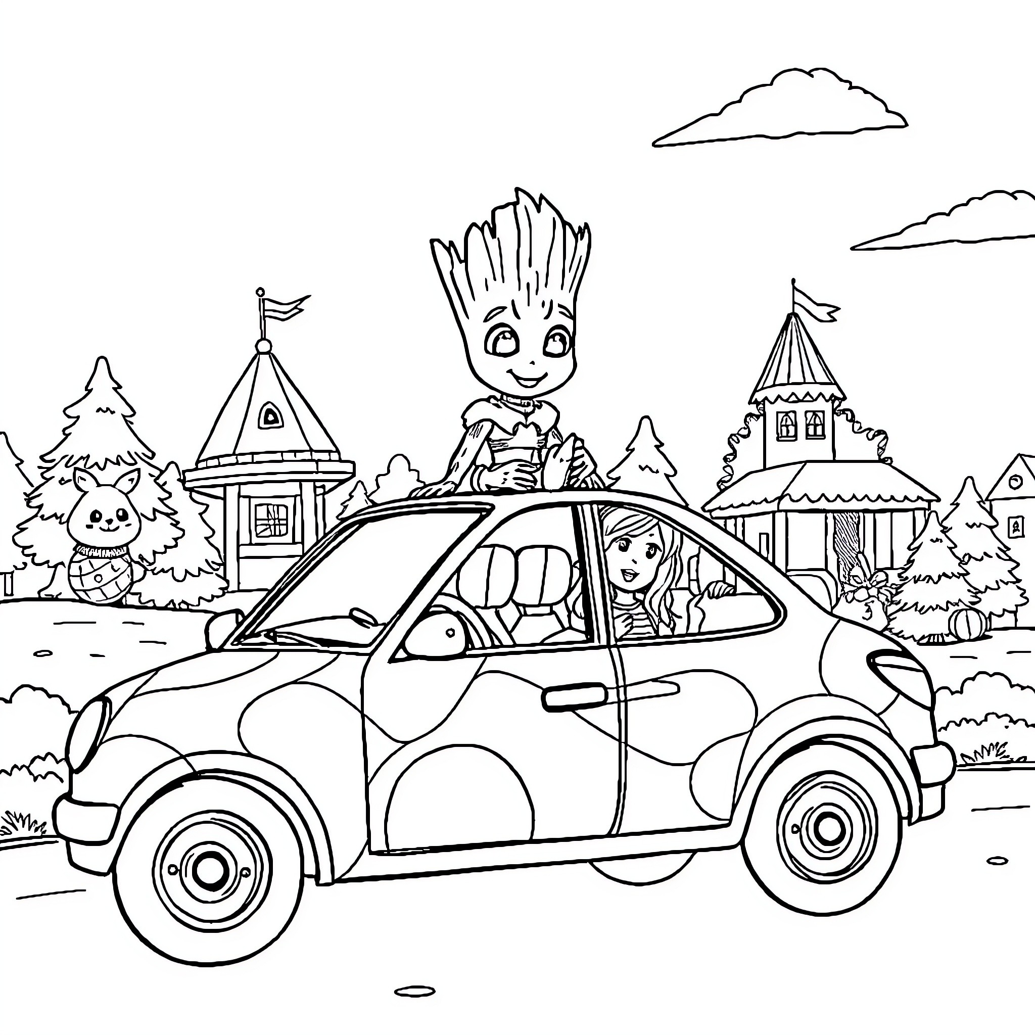 Groot's Joyful Adventure in a Tiny Car Coloring Page (free black-and-white line drawing printable PDF for all, from beginners to advanced learners, including children, teens, adults, and seniors)