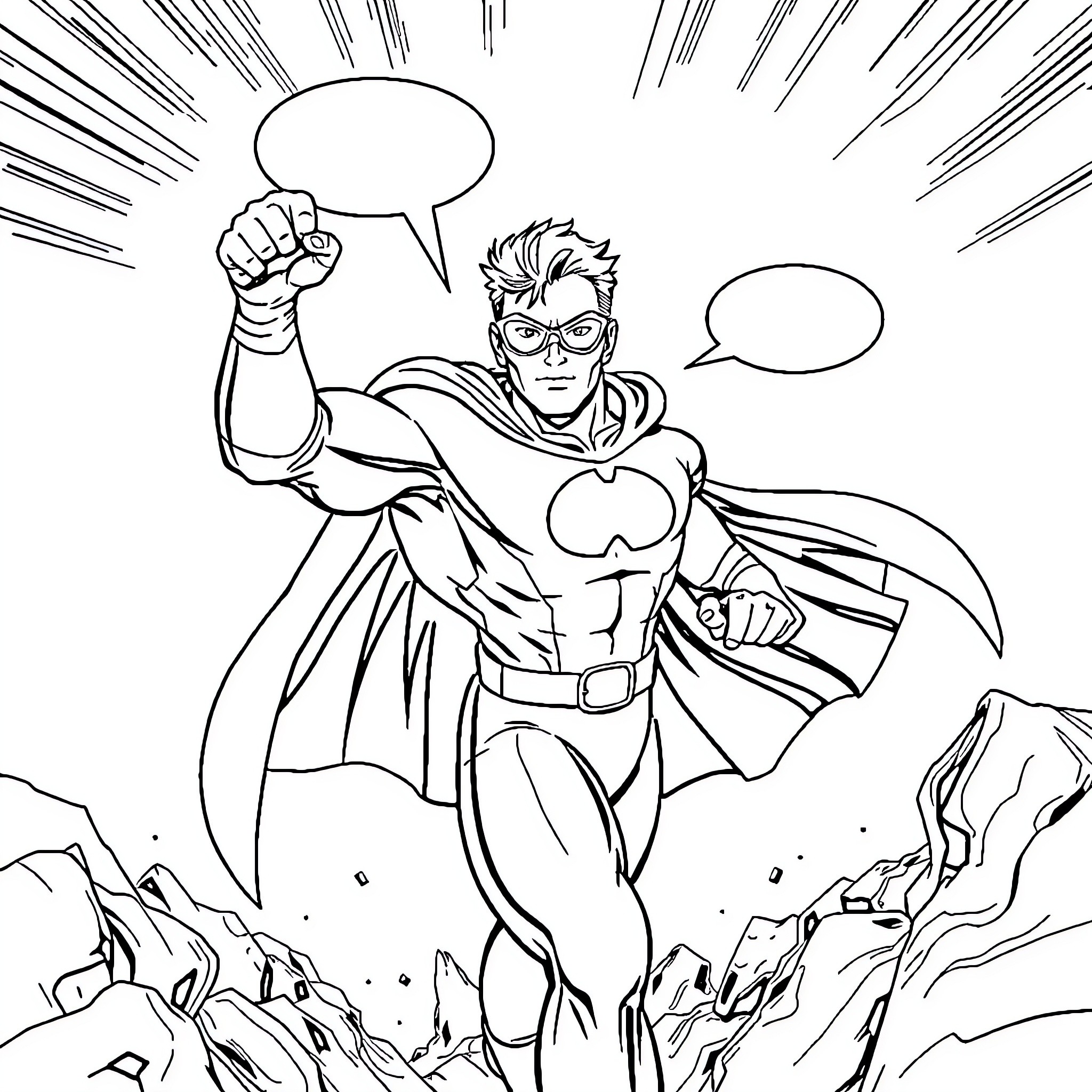Superhero in action with speech bubbles Coloring Page (free black-and-white line drawing printable PDF for all, from beginners to advanced learners, including children, teens, adults, and seniors)