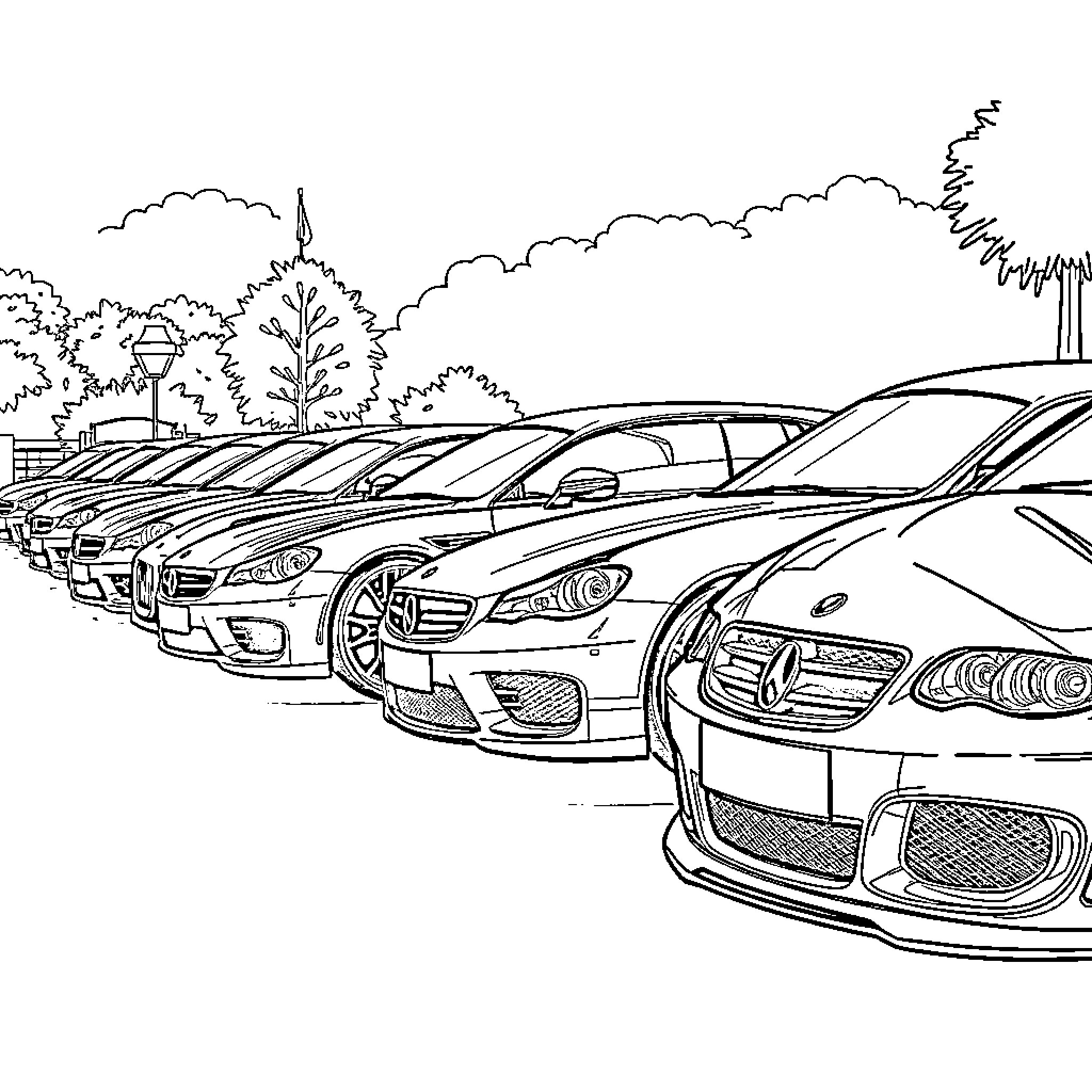 Car showroom with various models on display Coloring Page (free black-and-white line drawing printable PDF for all, from beginners to advanced learners, including children, teens, adults, and seniors)
