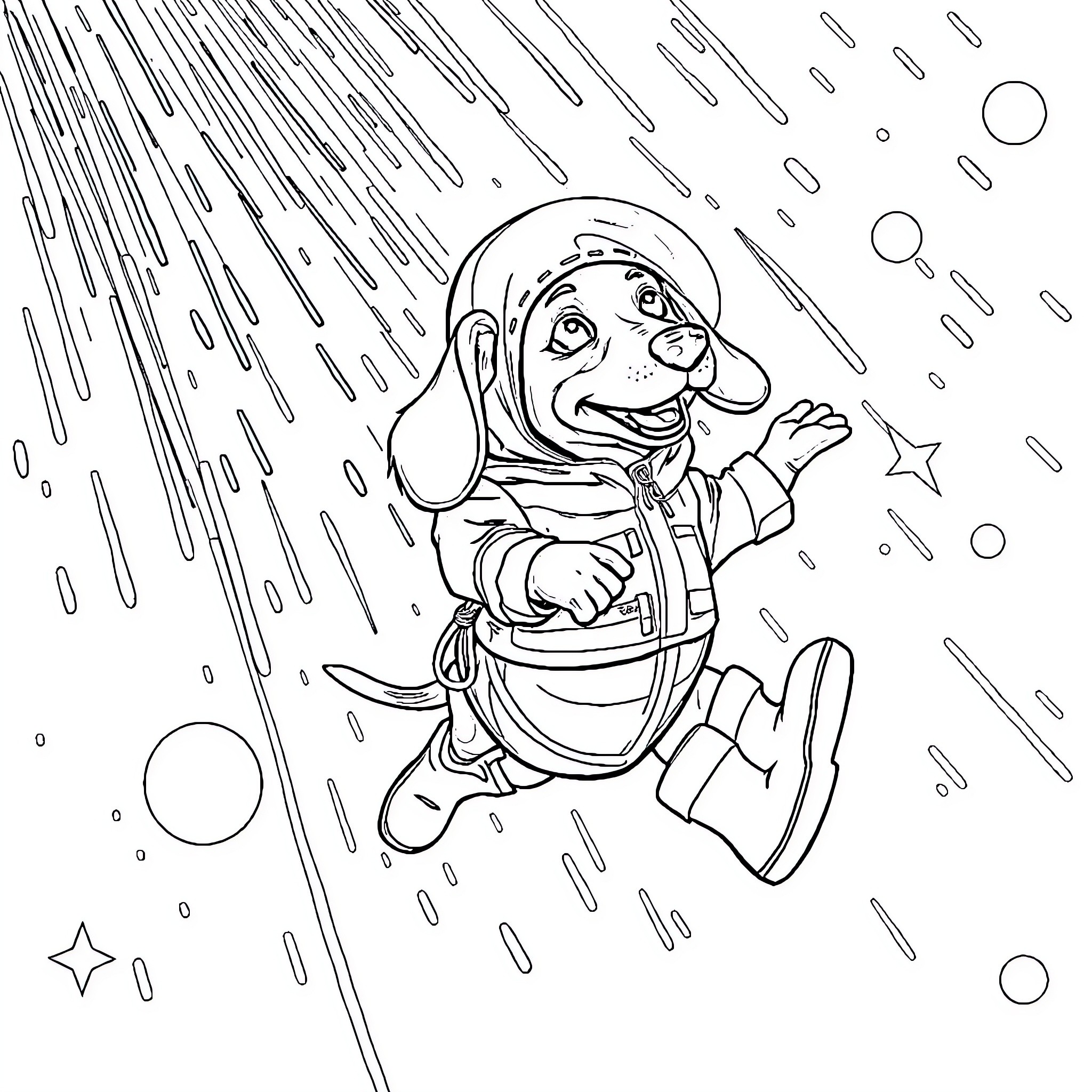 Dachshund astronaut exploring the starry sky Coloring Page (free black-and-white line drawing printable PDF for all, from beginners to advanced learners, including children, teens, adults, and seniors)