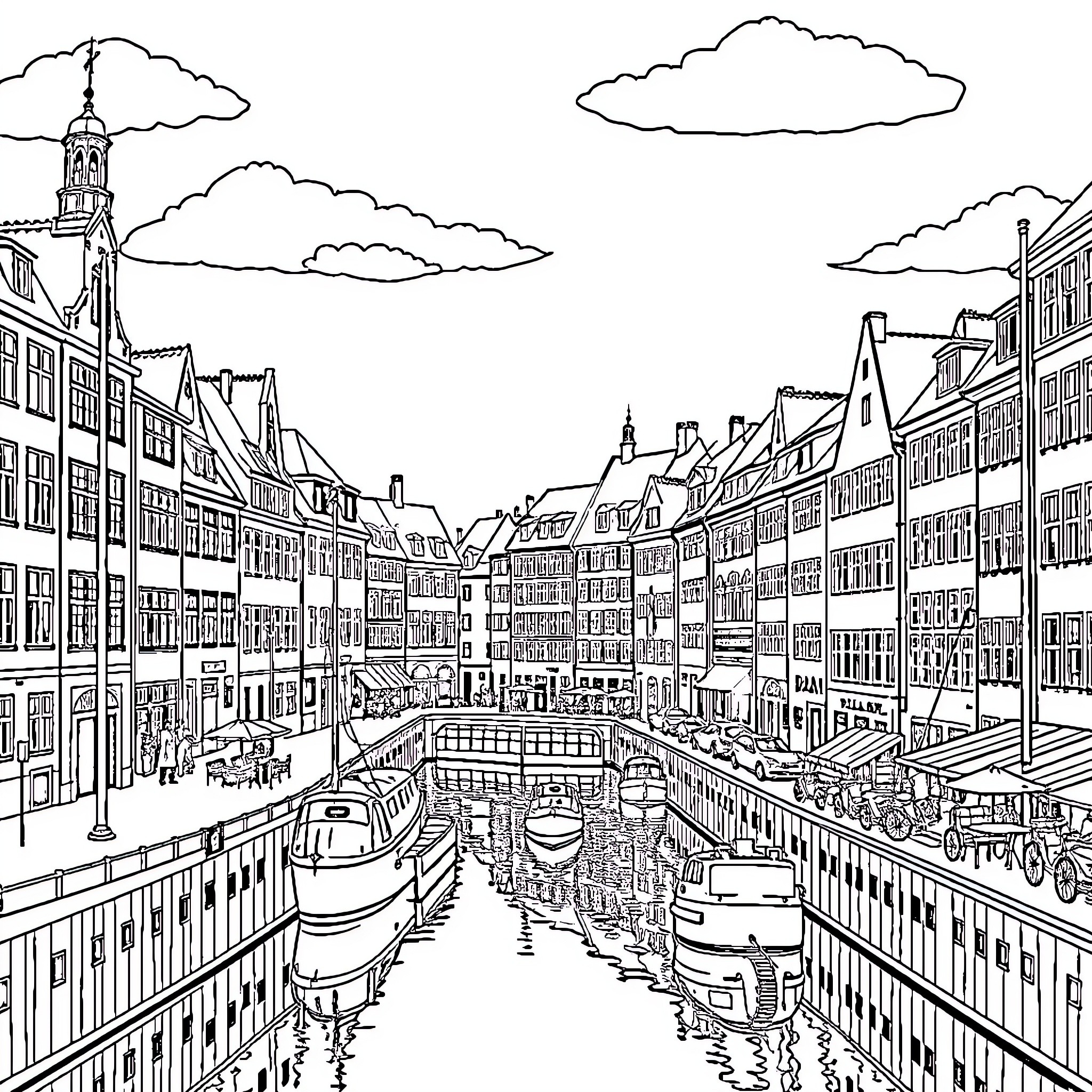 Copenhagen: A Picturesque Canal Scene with Historic Architecture Coloring Page (free black-and-white line drawing printable PDF for all, from beginners to advanced learners, including children, teens, adults, and seniors)