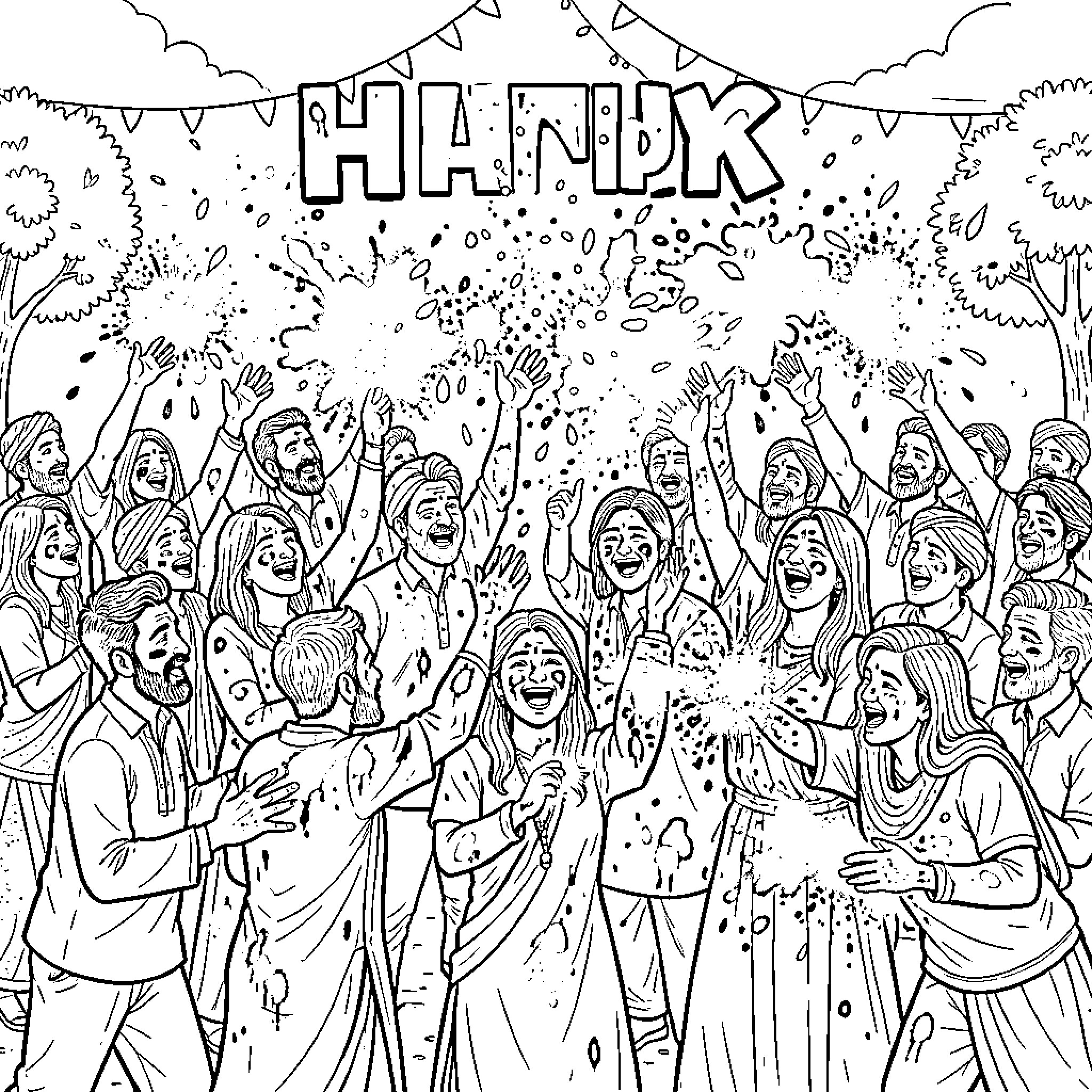 Holi Celebration with Joyful Expressions and Festive Attire Coloring Page (free black-and-white line drawing printable PDF for all, from beginners to advanced learners, including children, teens, adults, and seniors)