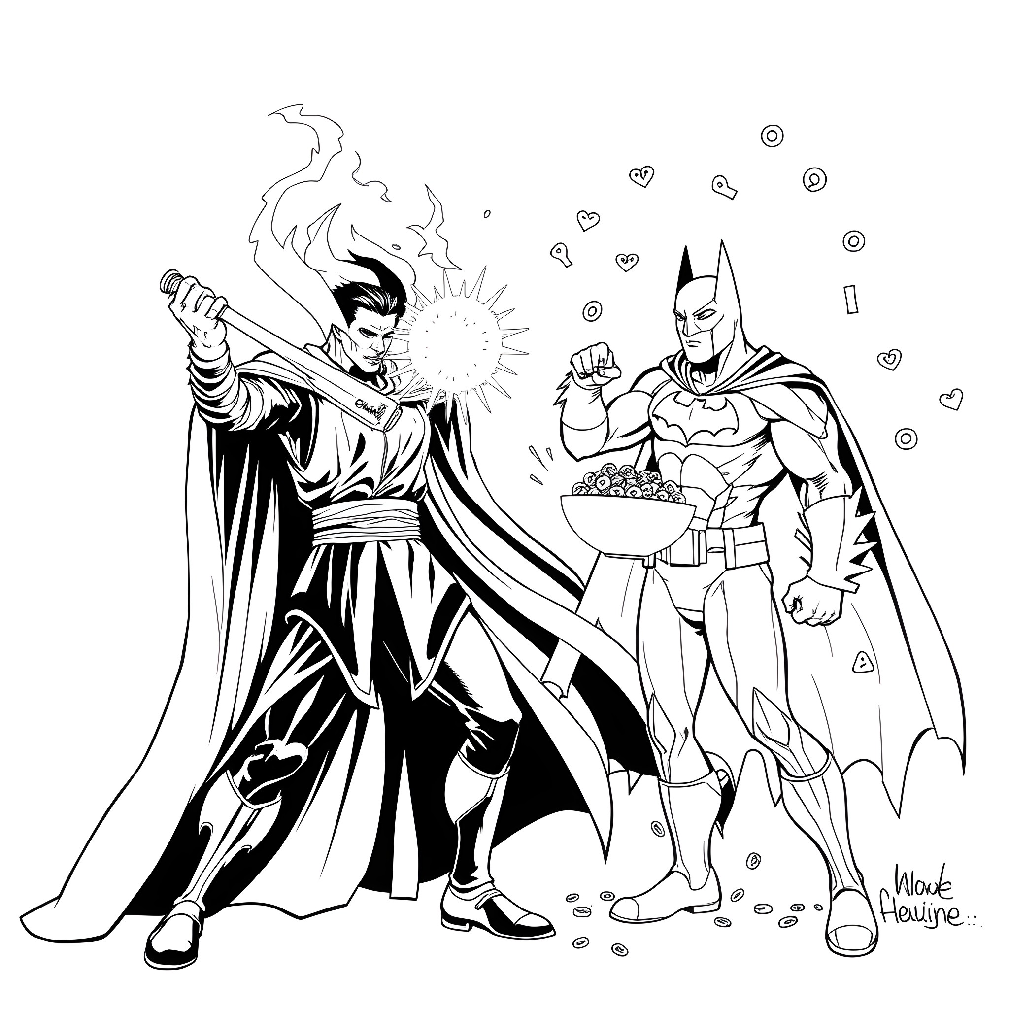 Dr. Strange and Batman heroic action scene Coloring Page (free black-and-white line drawing printable PDF for all, from beginners to advanced learners, including children, teens, adults, and seniors)