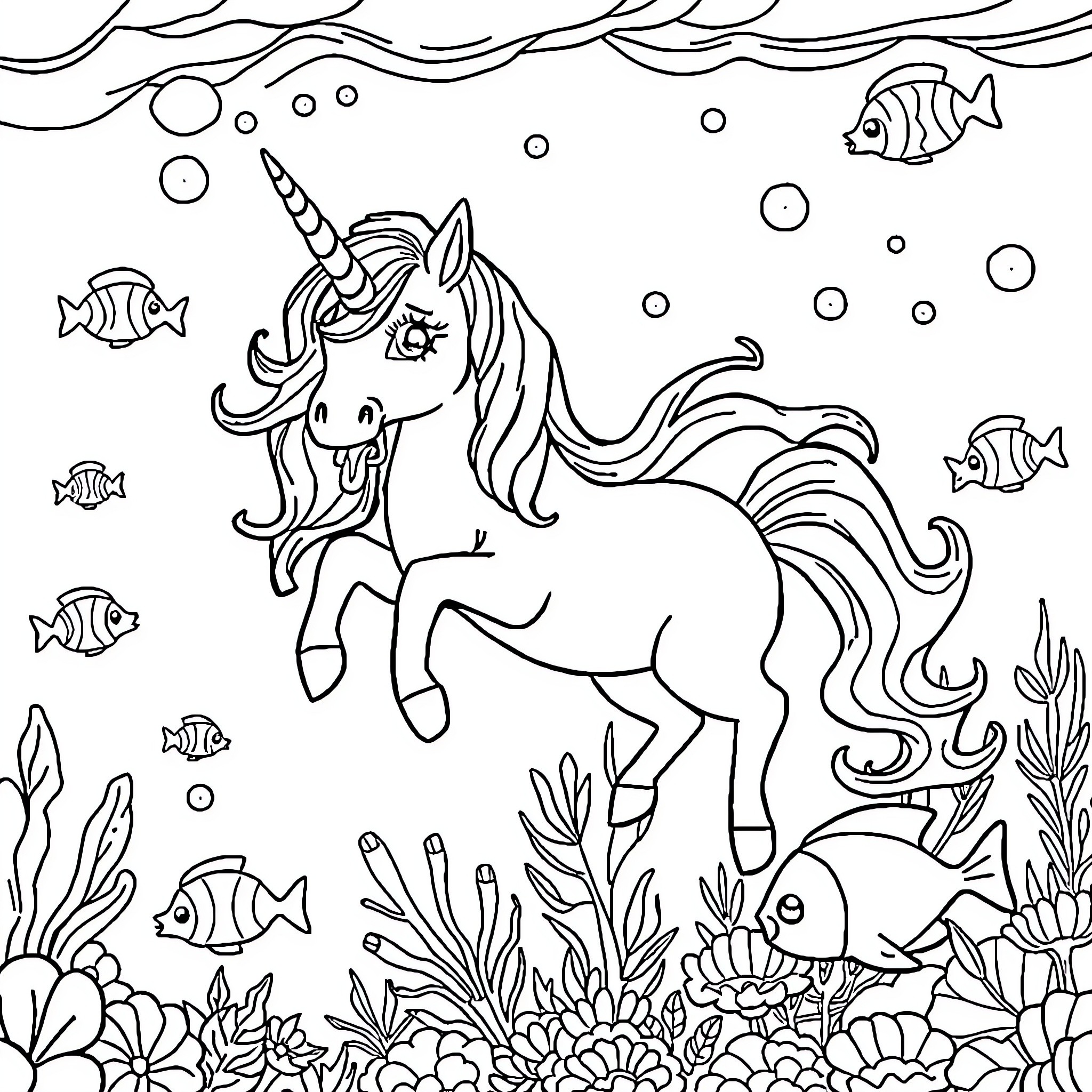 Unicorn swimming happily among tropical fish and coral Coloring Page (free black-and-white line drawing printable PDF for all, from beginners to advanced learners, including children, teens, adults, and seniors)