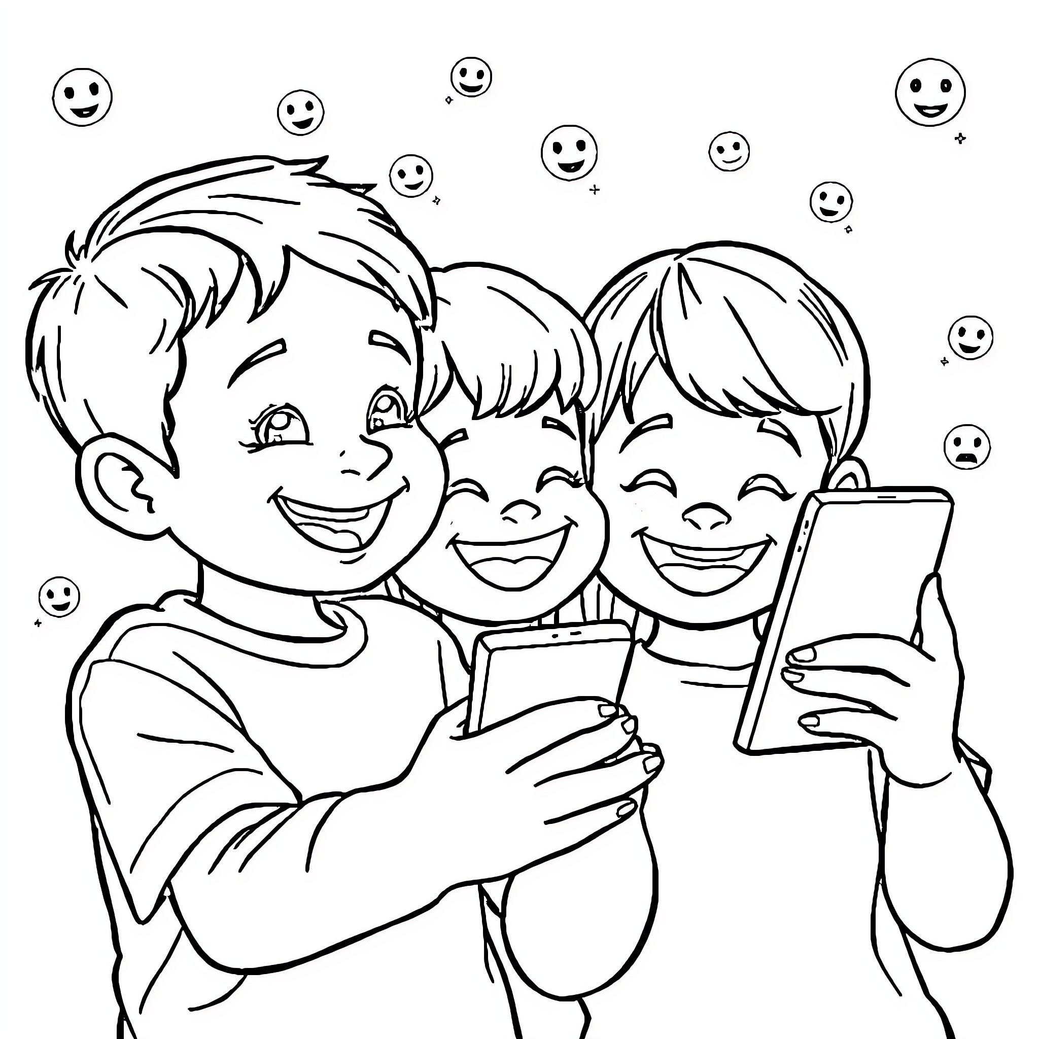 Emoji Three Kids Taking Selfie with Bubbles Coloring Page (free black-and-white line drawing printable PDF for all, from beginners to advanced learners, including children, teens, adults, and seniors)