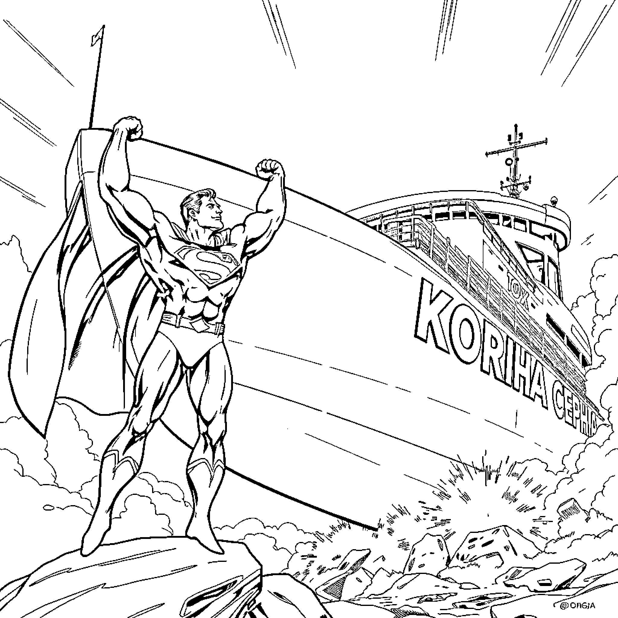 Superman rescuing civilians from a ship in distress Coloring Page (free black-and-white line drawing printable PDF for all, from beginners to advanced learners, including children, teens, adults, and seniors)