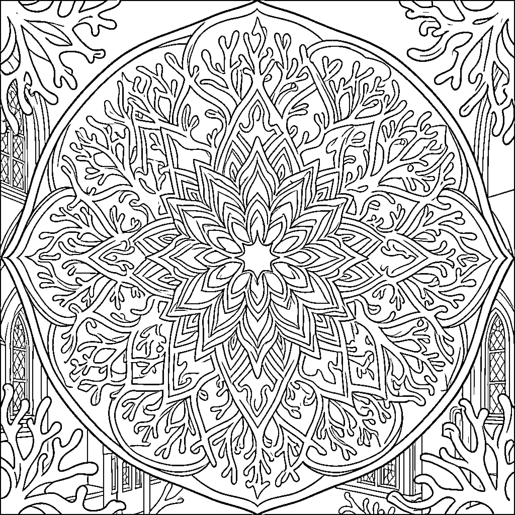 Mandala featuring intricate floral and natural branch patterns Coloring Page (free black-and-white line drawing printable PDF for all, from beginners to advanced learners, including children, teens, adults, and seniors)