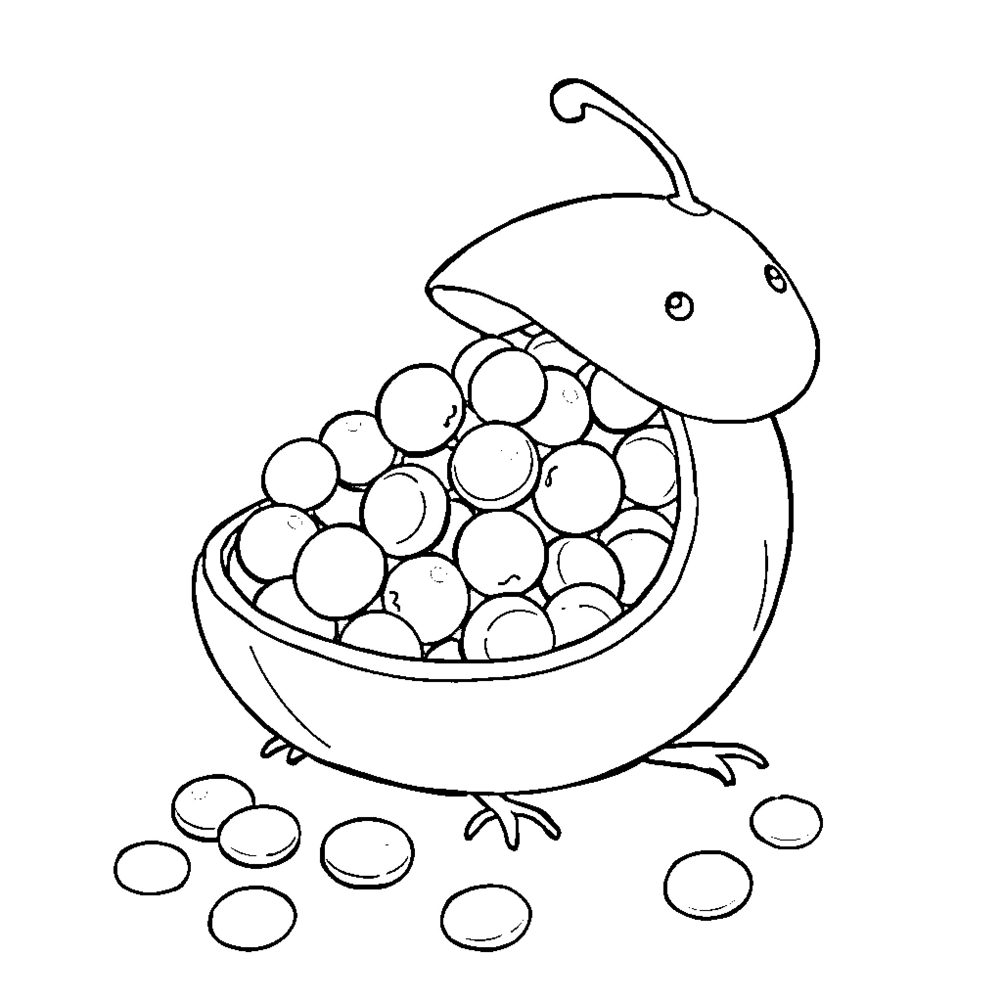 Pumpkin-shaped creature with spherical objects Coloring Page (free black-and-white line drawing printable PDF for all, from beginners to advanced learners, including children, teens, adults, and seniors)