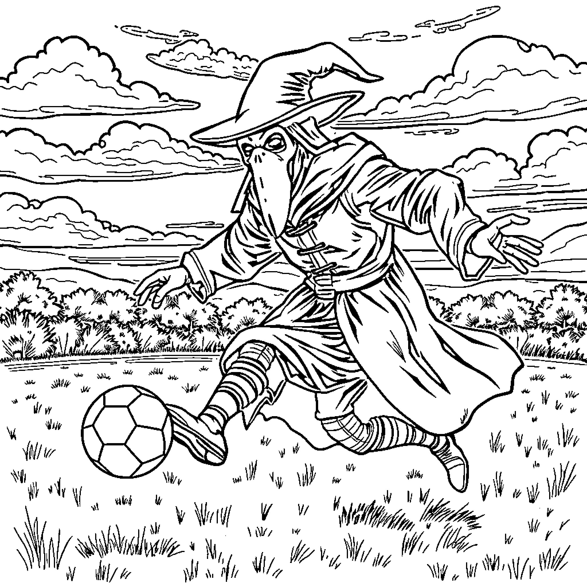 Plague Doctor plays soccer in the countryside Coloring Page (free black-and-white line drawing printable PDF for all, from beginners to advanced learners, including children, teens, adults, and seniors)