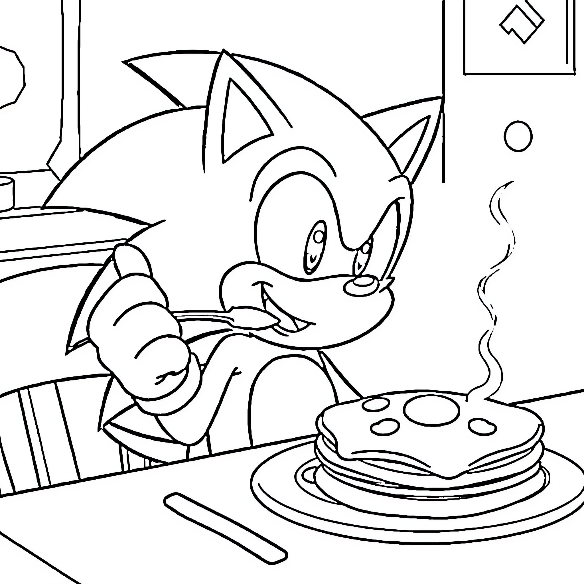 Sonic enjoying a delicious breakfast Coloring Page (free black-and-white line drawing printable PDF for all, from beginners to advanced learners, including children, teens, adults, and seniors)