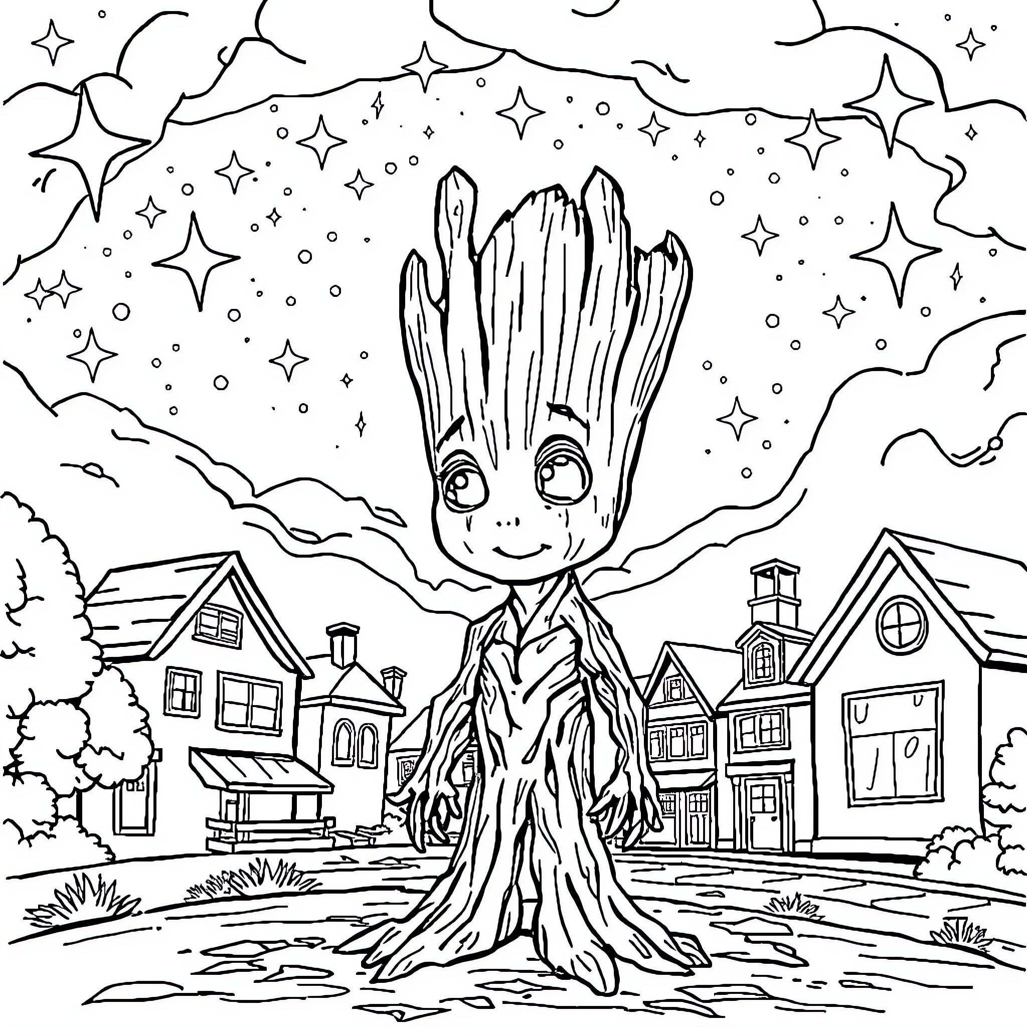 Groot having a cosmic adventure in a starry night Coloring Page (free black-and-white line drawing printable PDF for all, from beginners to advanced learners, including children, teens, adults, and seniors)