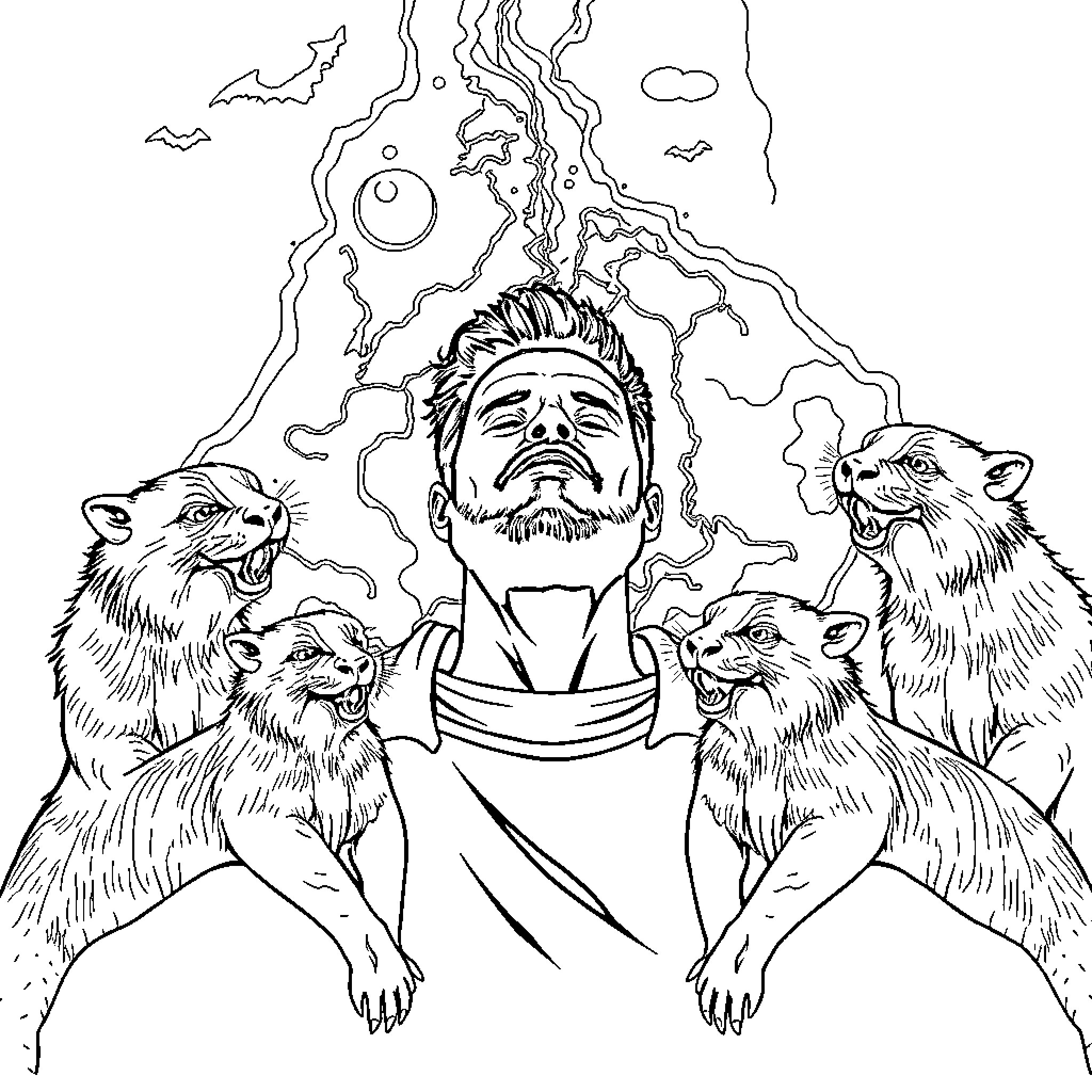 Pig surrounded by wildlife in a mystical environment Coloring Page (free black-and-white line drawing printable PDF for all, from beginners to advanced learners, including children, teens, adults, and seniors)