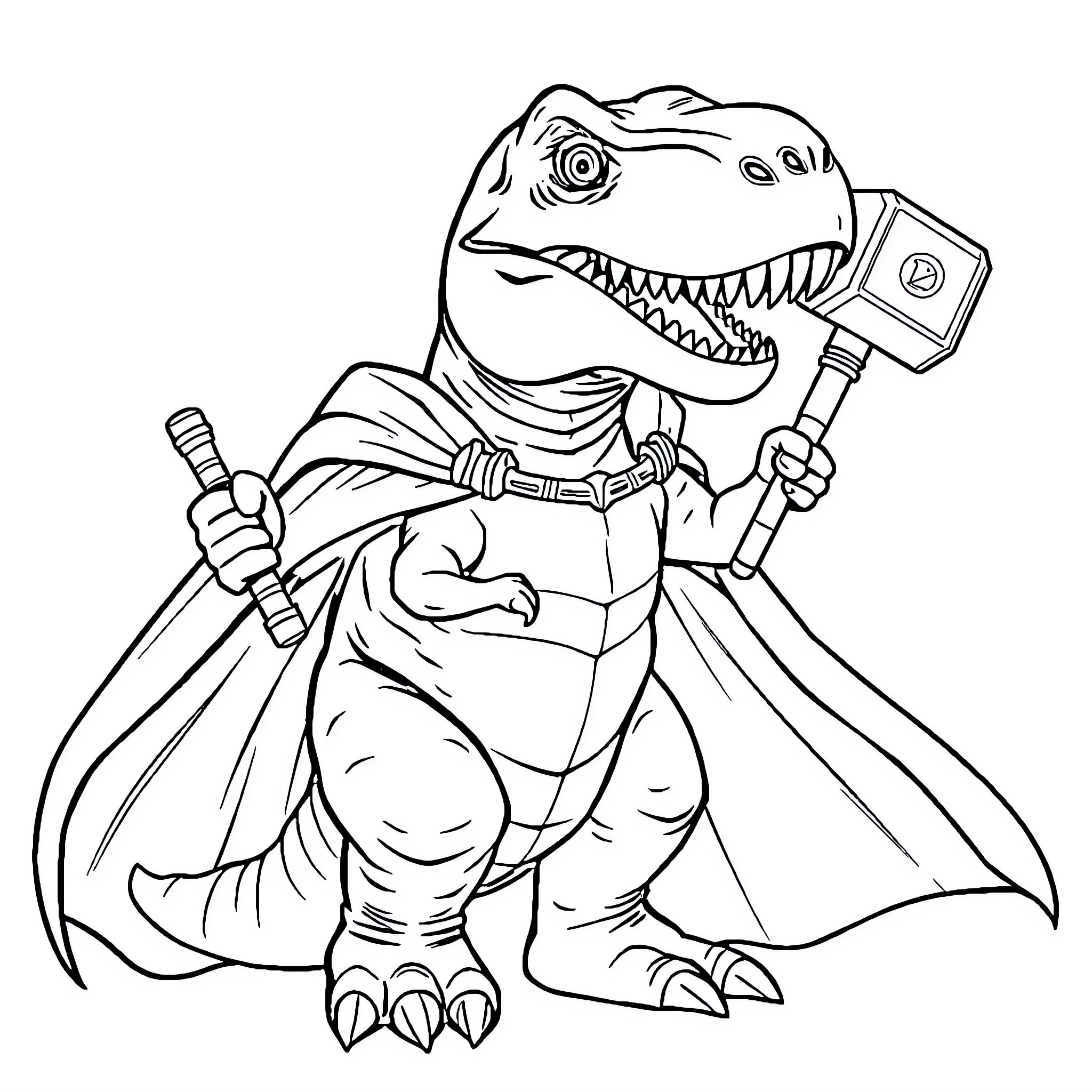 T-Rex as a Superhero with Hammer Coloring Page (free black-and-white line drawing printable PDF for all, from beginners to advanced learners, including children, teens, adults, and seniors)
