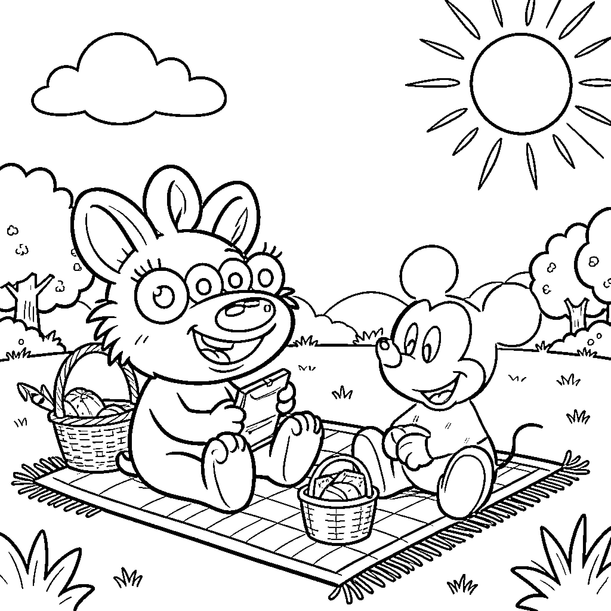 Noo Noo characters enjoying a picnic on a mat Coloring Page (free black-and-white line drawing printable PDF for all, from beginners to advanced learners, including children, teens, adults, and seniors)