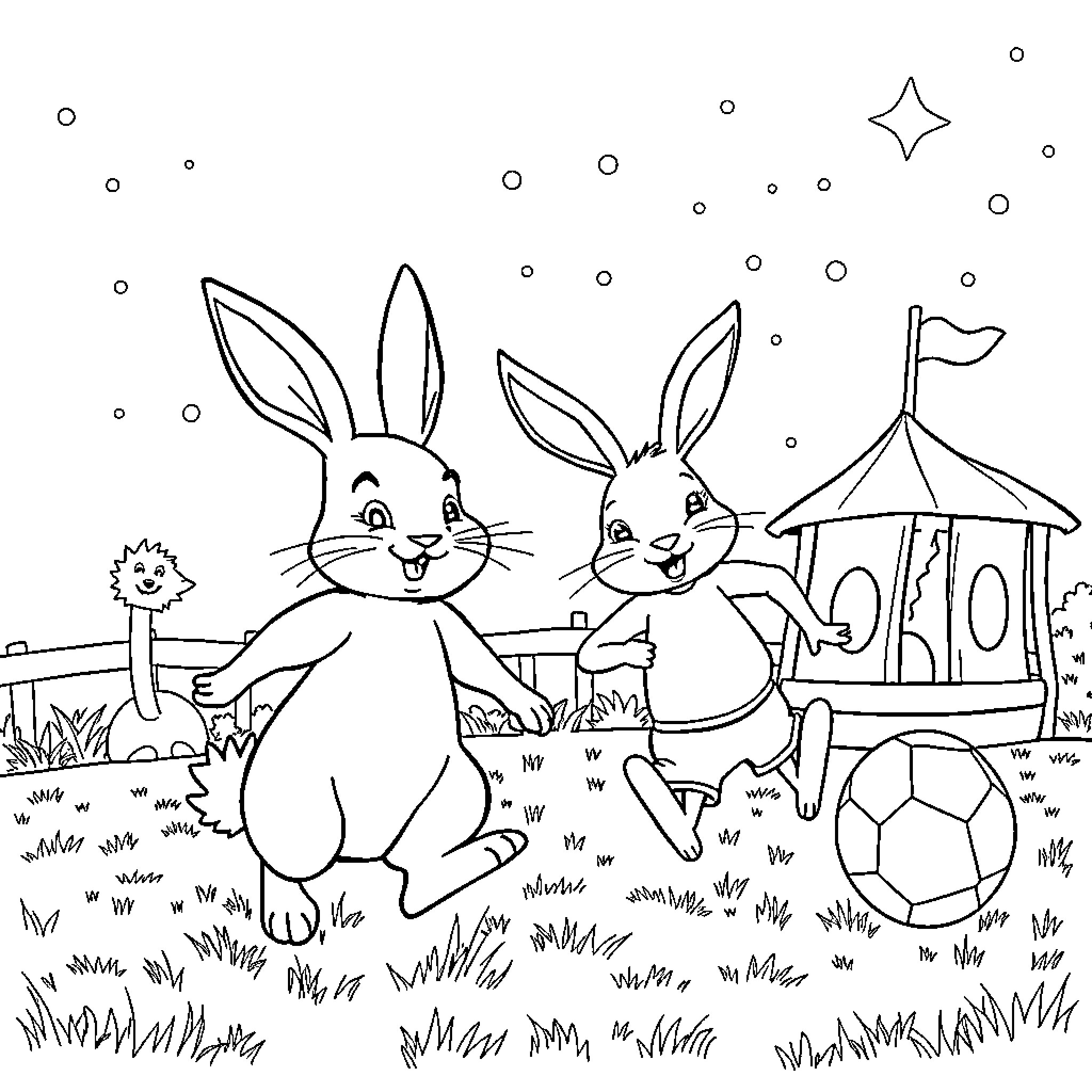 Rabbit friends playing in a park with a carousel Coloring Page (free black-and-white line drawing printable PDF for all, from beginners to advanced learners, including children, teens, adults, and seniors)