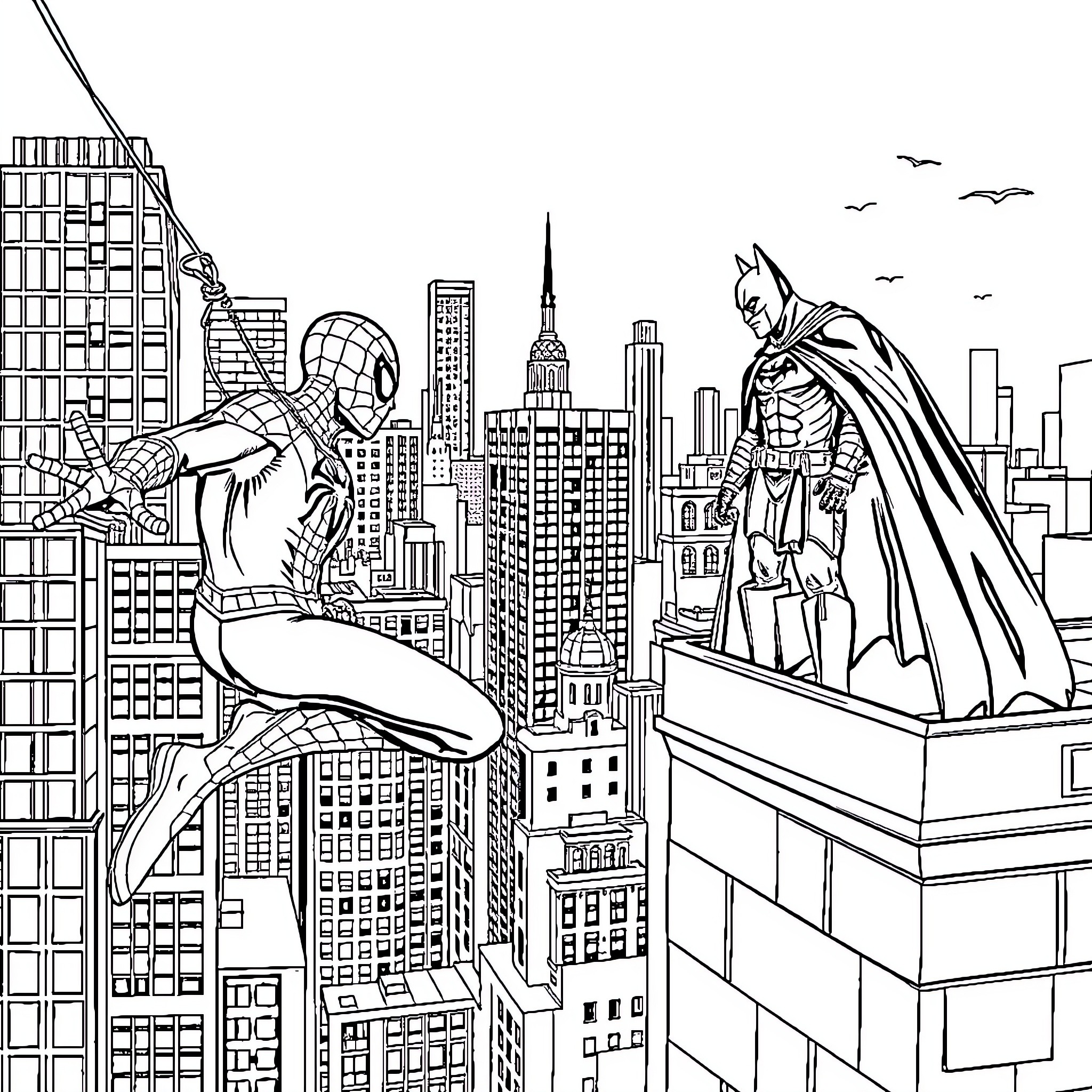 Spiderman and Batman fighting crime in the city Coloring Page (free black-and-white line drawing printable PDF for all, from beginners to advanced learners, including children, teens, adults, and seniors)