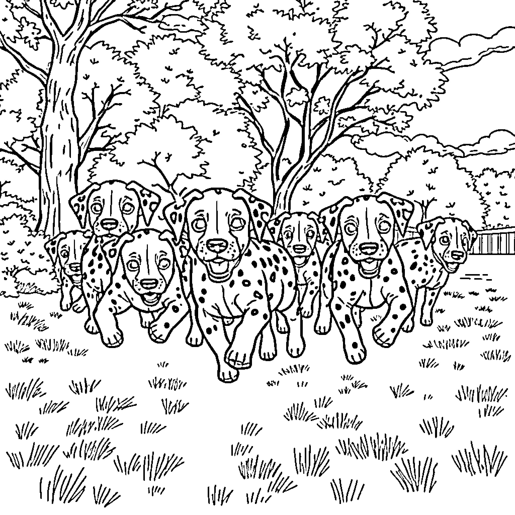Dalmatian dogs playing happily in the forest Coloring Page (free black-and-white line drawing printable PDF for all, from beginners to advanced learners, including children, teens, adults, and seniors)