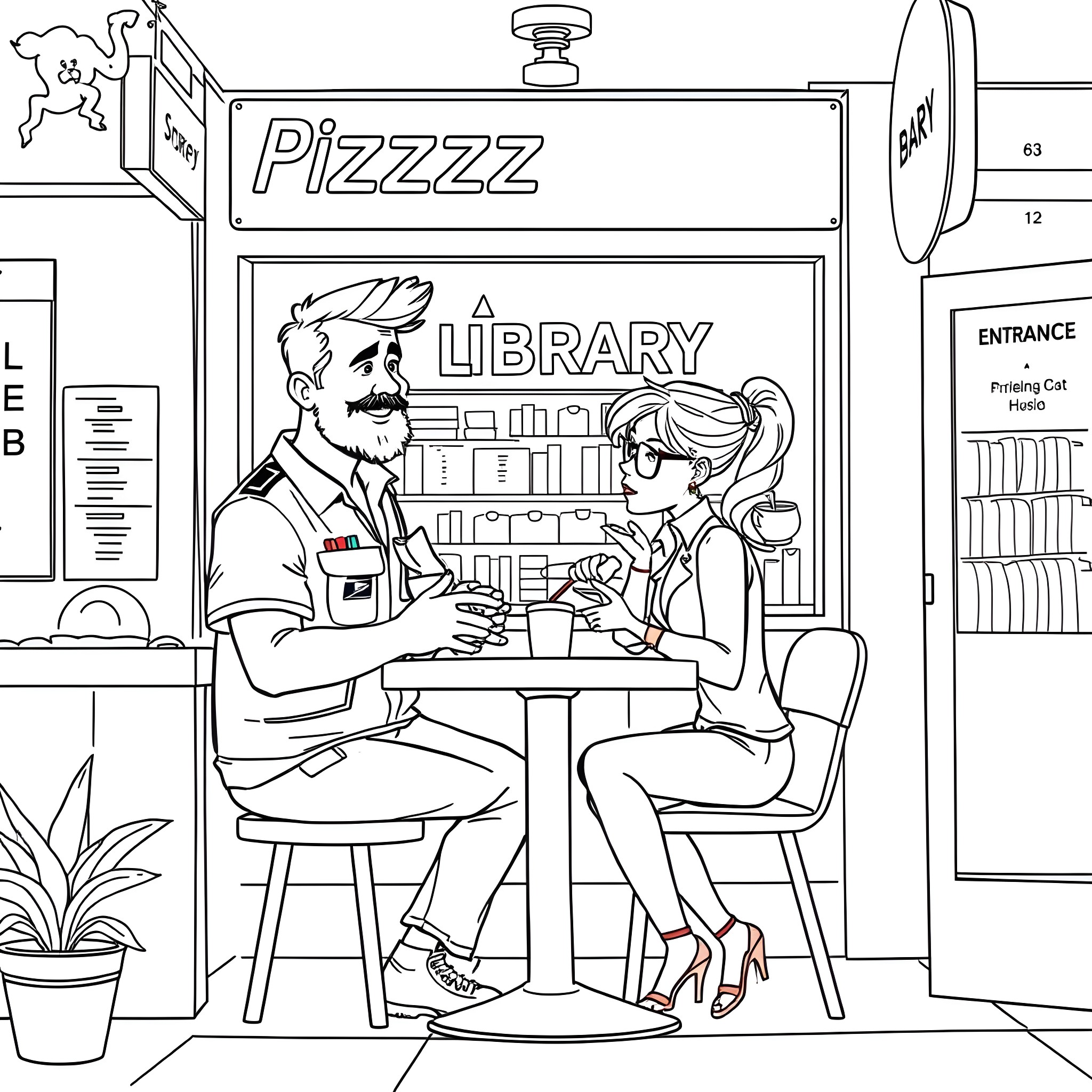 Husband and wife enjoy a meal at the library cafe Coloring Page (free black-and-white line drawing printable PDF for all, from beginners to advanced learners, including children, teens, adults, and seniors)