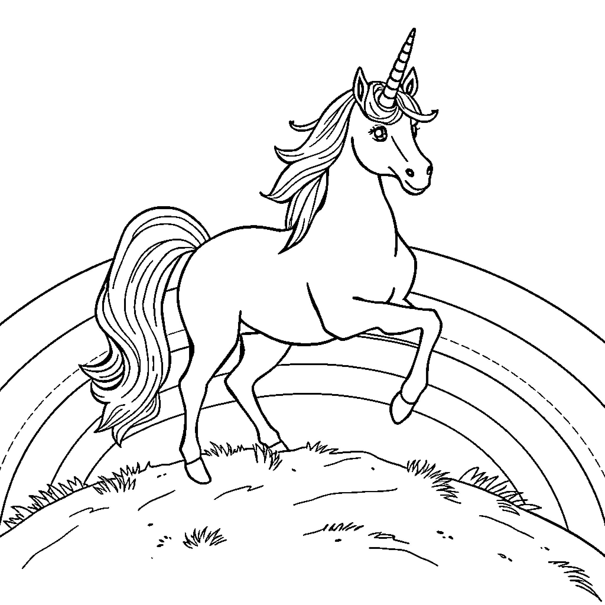 Unicorn frolicking in a whimsical landscape Coloring Page (free black-and-white line drawing printable PDF for all, from beginners to advanced learners, including children, teens, adults, and seniors)
