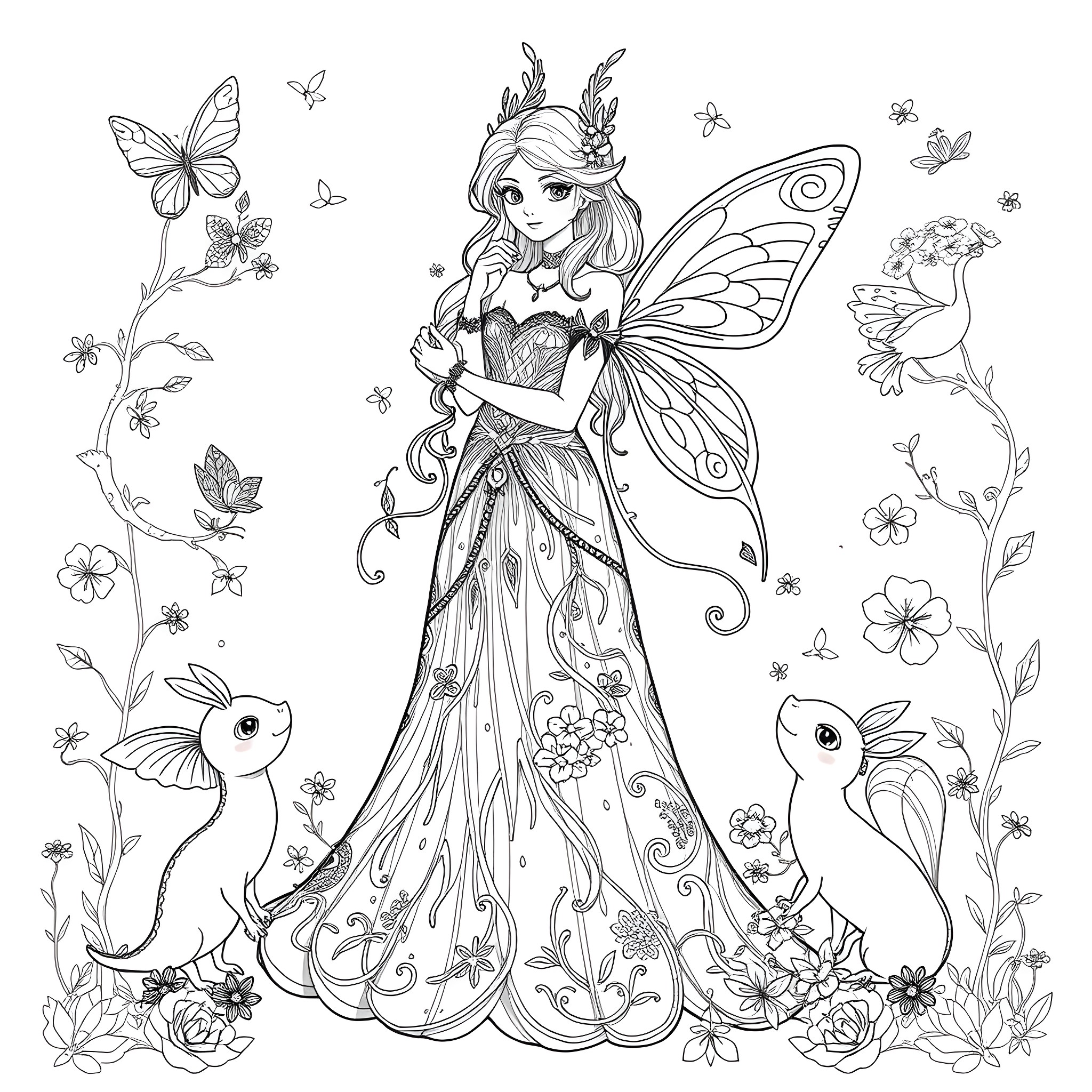 Fairy Tale Maiden in a Flowery Garden Coloring Page (free black-and-white line drawing printable PDF for all, from beginners to advanced learners, including children, teens, adults, and seniors)