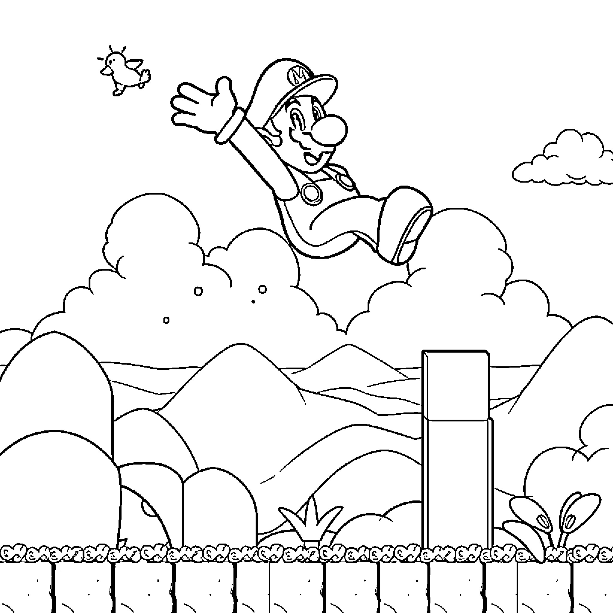 Mario jumping high in the clouds Coloring Page (free black-and-white line drawing printable PDF for all, from beginners to advanced learners, including children, teens, adults, and seniors)