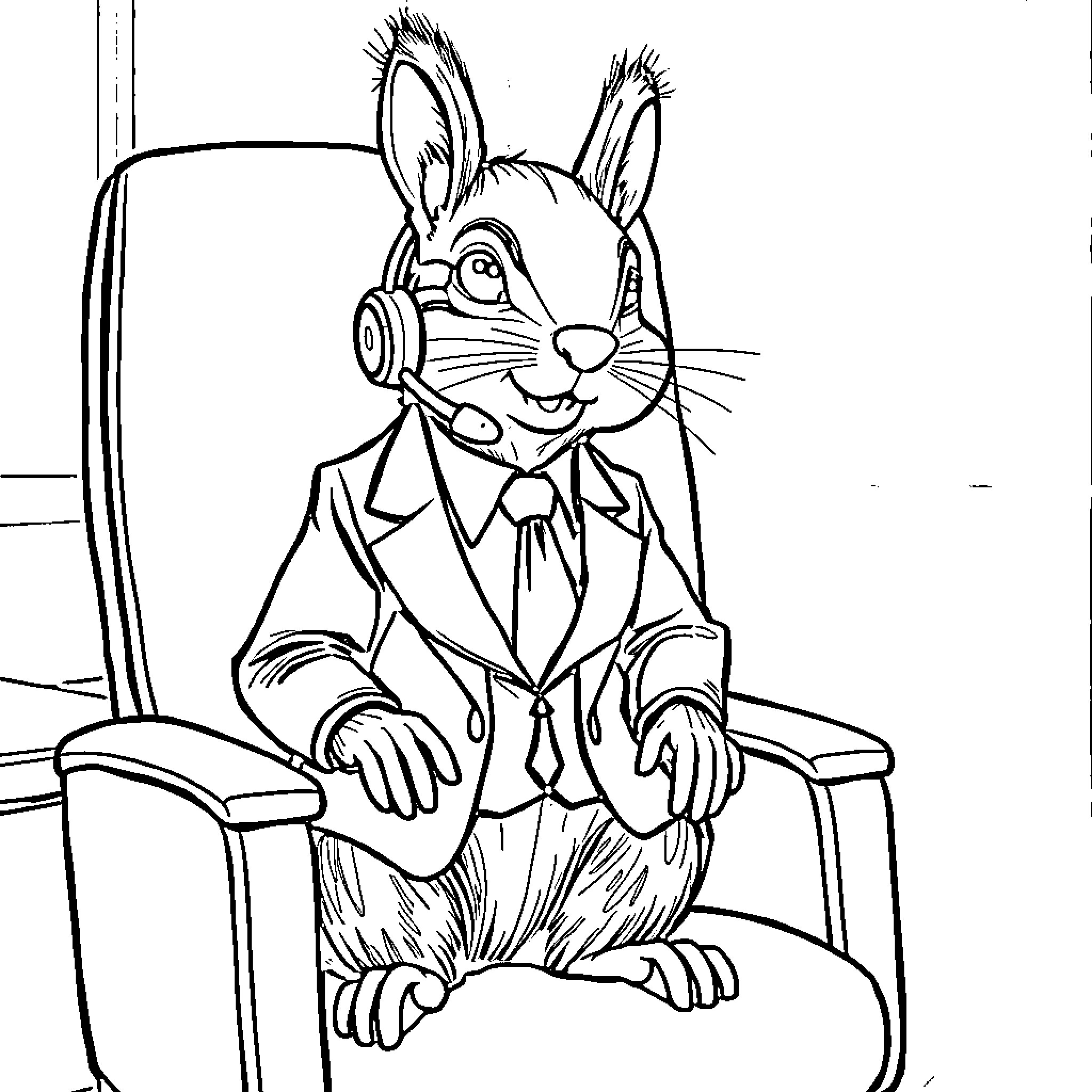 Squirrel dressed in suit sitting in chair Coloring Page (free black-and-white line drawing printable PDF for all, from beginners to advanced learners, including children, teens, adults, and seniors)