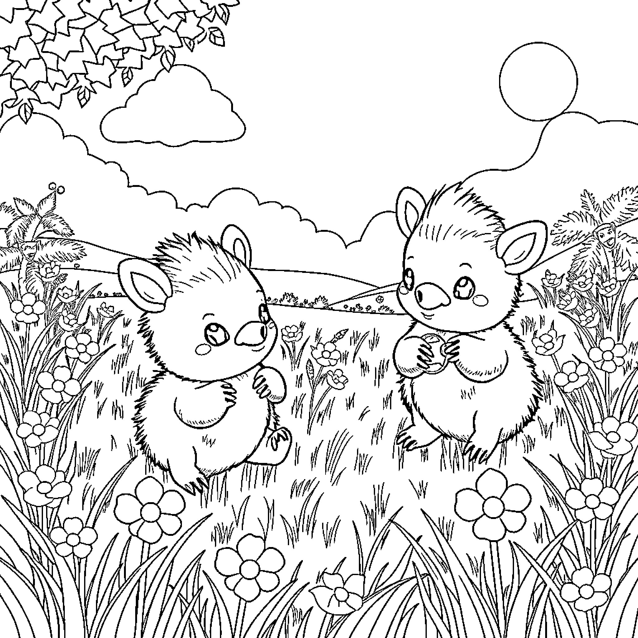 Baby Animals Playing in a Flowery Field Coloring Page (free black-and-white line drawing printable PDF for all, from beginners to advanced learners, including children, teens, adults, and seniors)