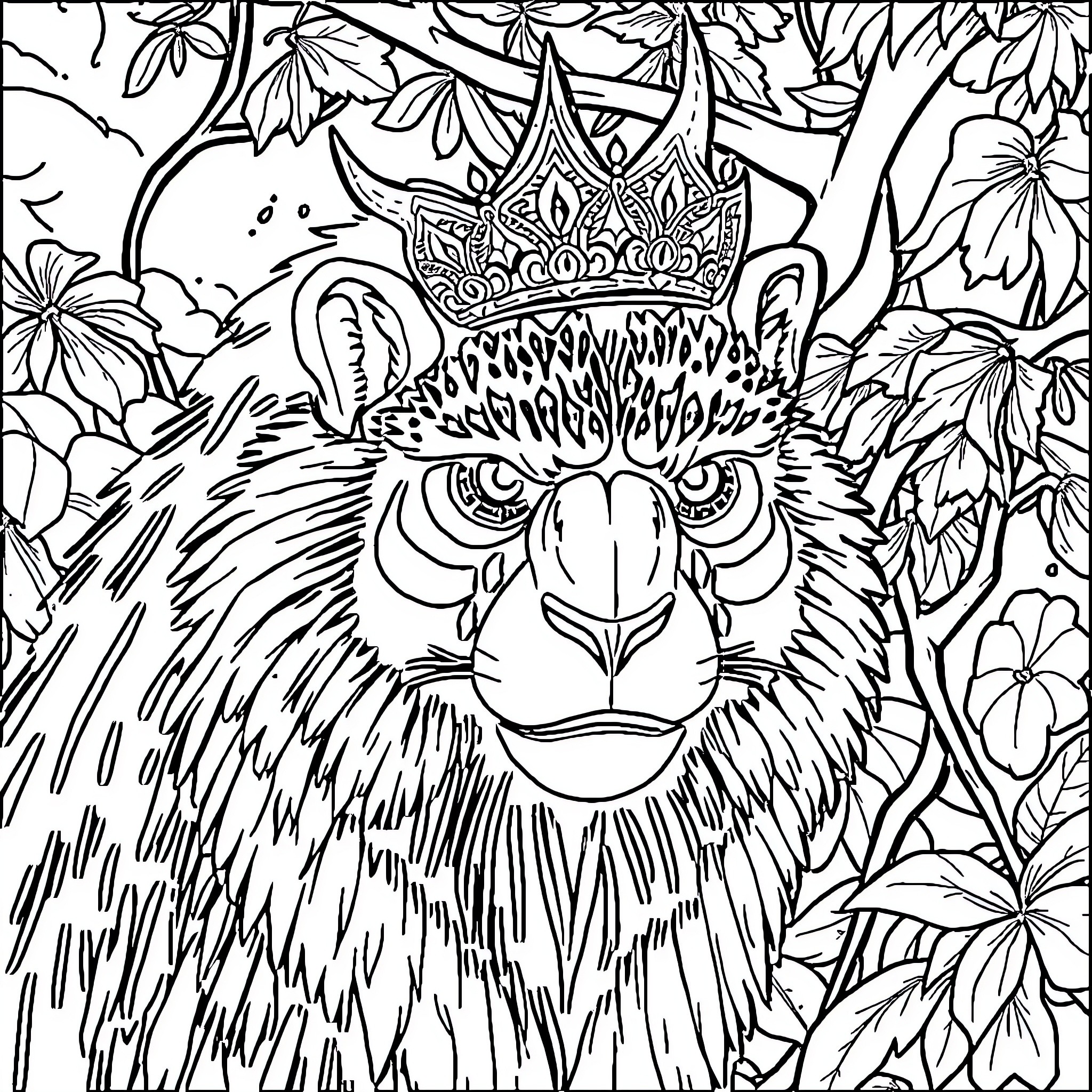 Monkey Rabbit Wearing a Regal Crown in a Whimsical Jungle Coloring Page (free black-and-white line drawing printable PDF for all, from beginners to advanced learners, including children, teens, adults, and seniors)