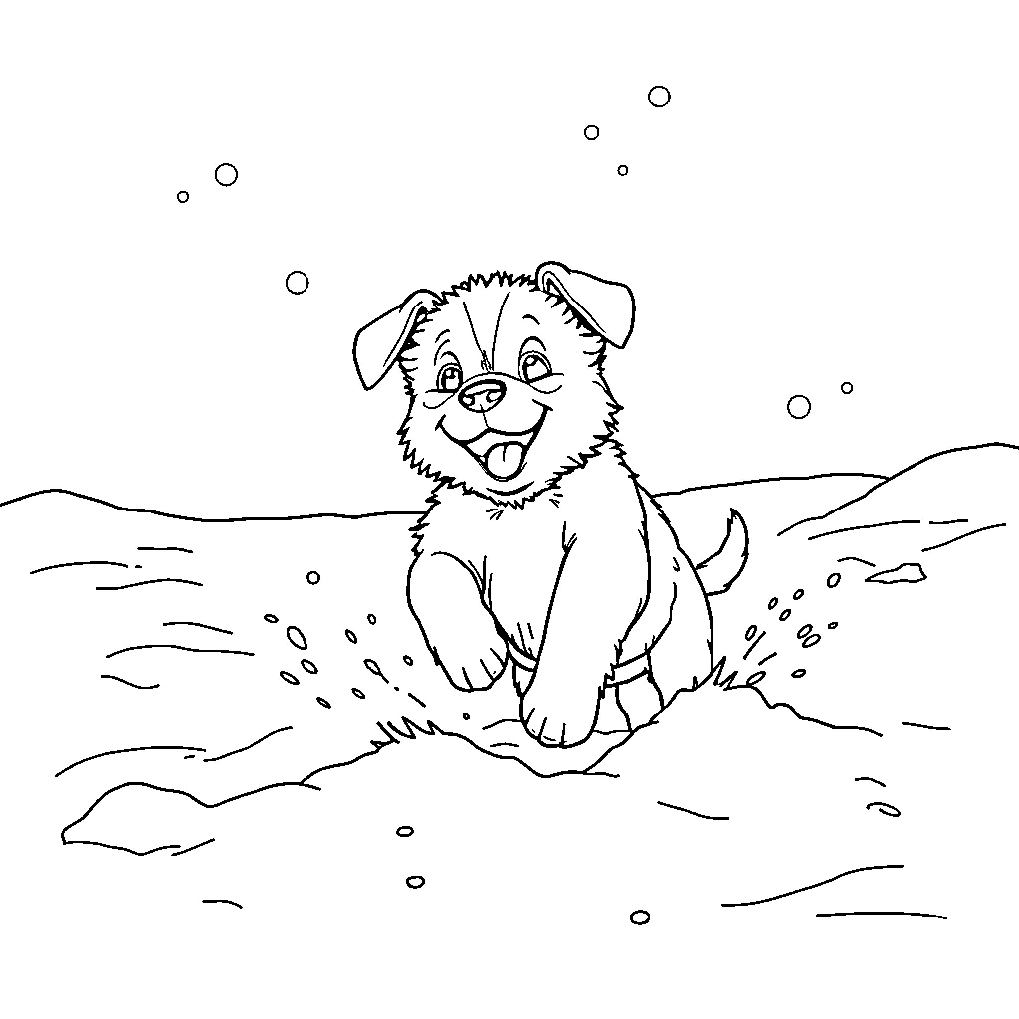 Puppy playing in the snow with bubbles Coloring Page (free black-and-white line drawing printable PDF for all, from beginners to advanced learners, including children, teens, adults, and seniors)