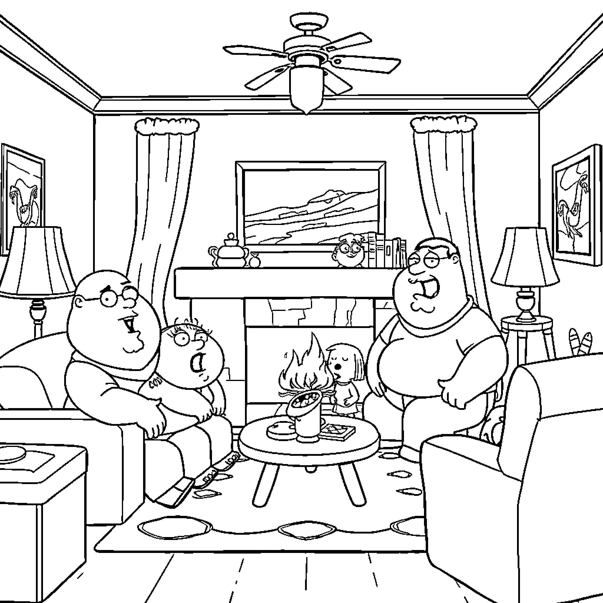 Family Guy enjoying cozy indoor time together Coloring Page (free black-and-white line drawing printable PDF for all, from beginners to advanced learners, including children, teens, adults, and seniors)