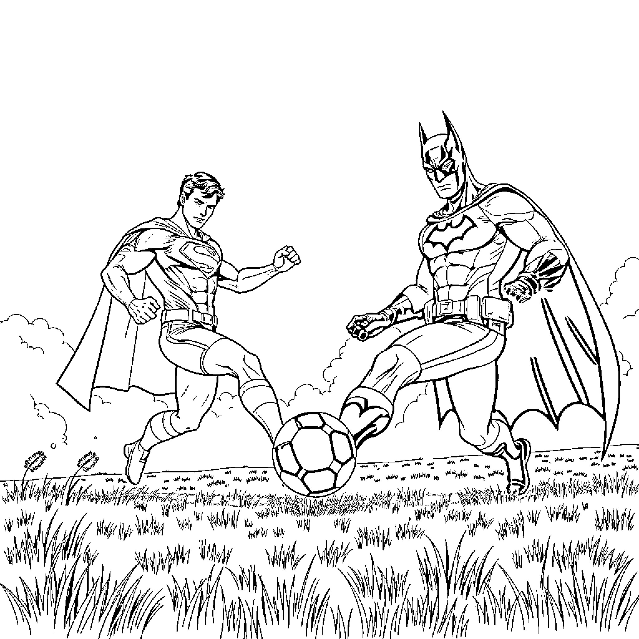 Superman and Batman playing soccer together Coloring Page (free black-and-white line drawing printable PDF for all, from beginners to advanced learners, including children, teens, adults, and seniors)