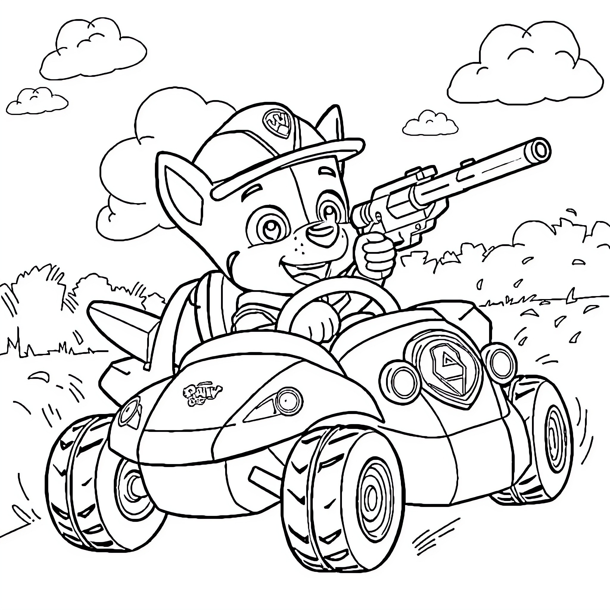 Chase through the countryside in a police car Coloring Page (free black-and-white line drawing printable PDF for all, from beginners to advanced learners, including children, teens, adults, and seniors)