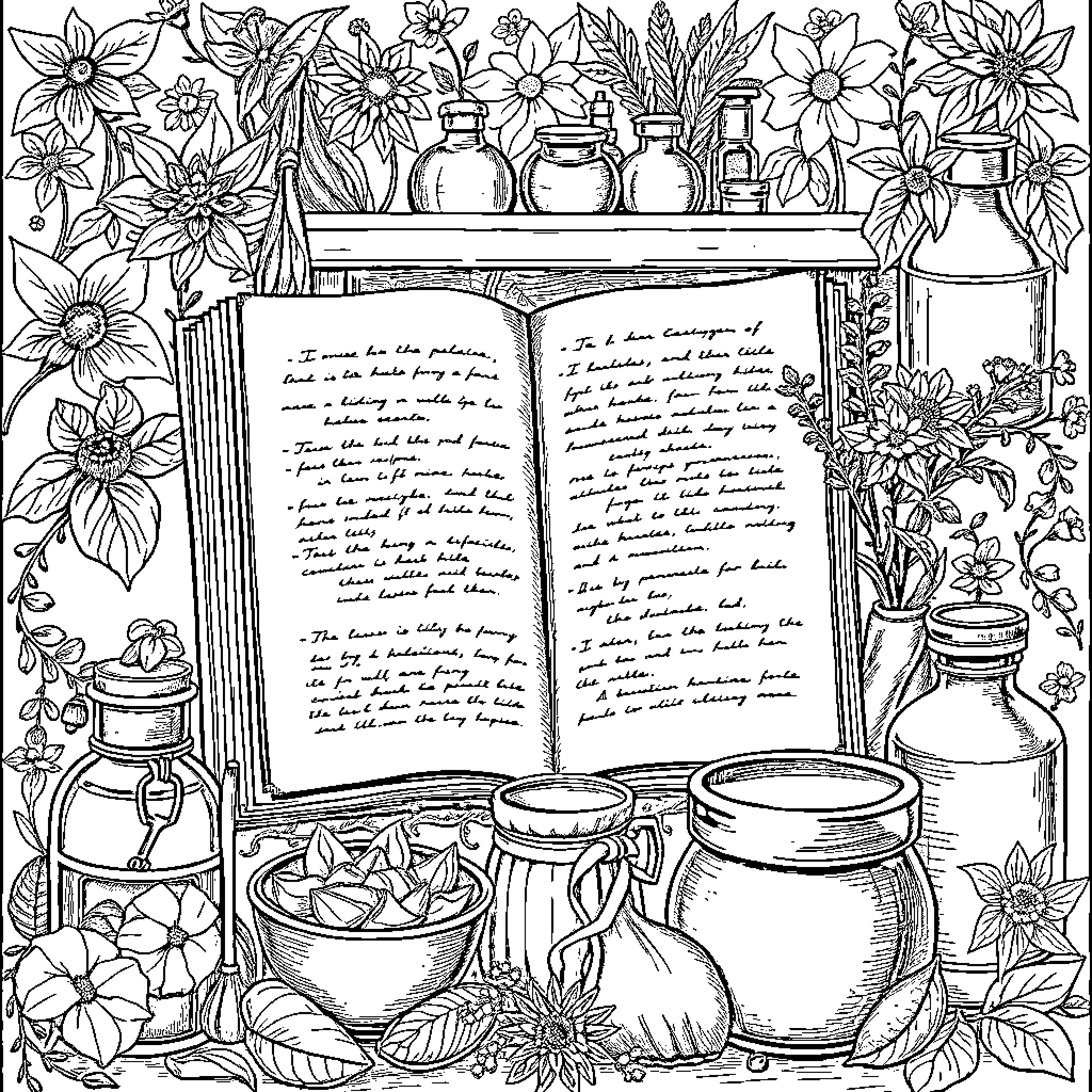 Apothecary's Floral Workshop Coloring Page (free black-and-white line drawing printable PDF for all, from beginners to advanced learners, including children, teens, adults, and seniors)