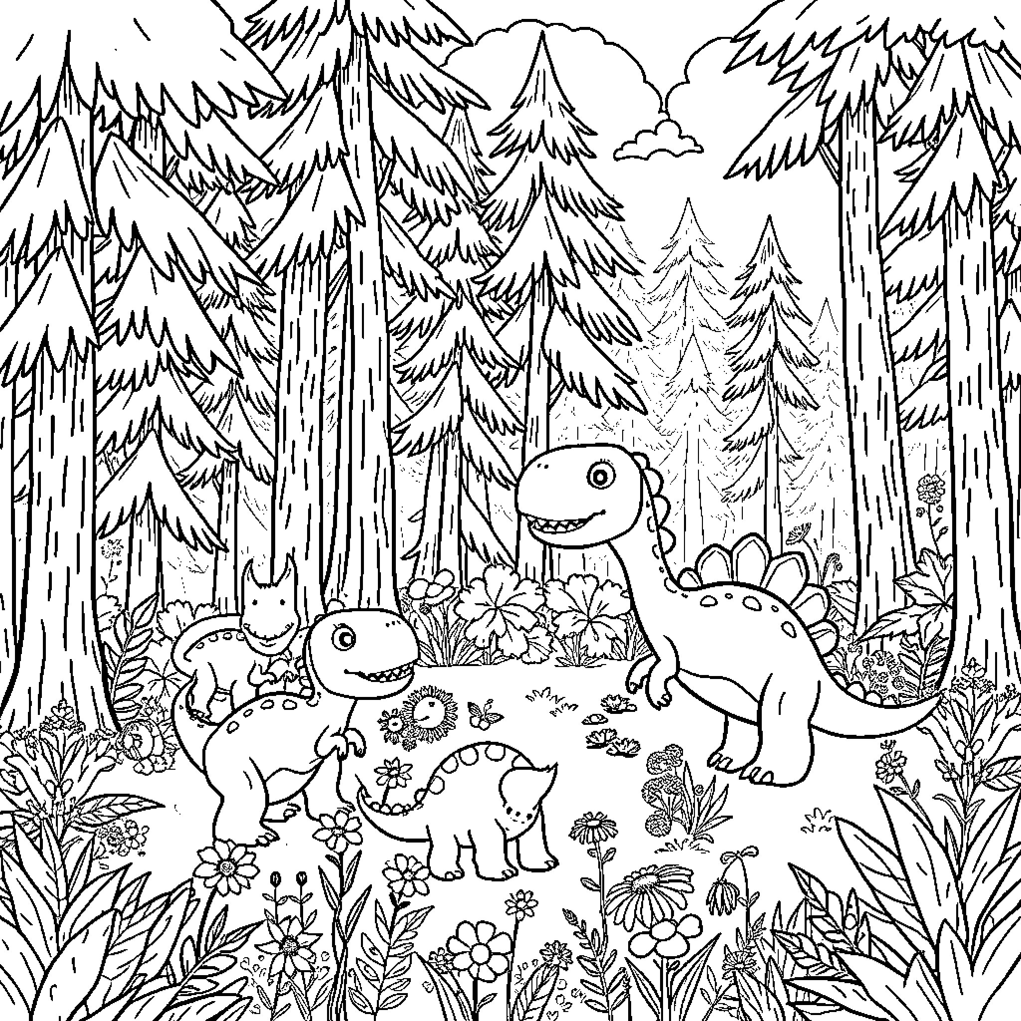 Dinosaurs exploring lush forest landscape Coloring Page (free black-and-white line drawing printable PDF for all, from beginners to advanced learners, including children, teens, adults, and seniors)