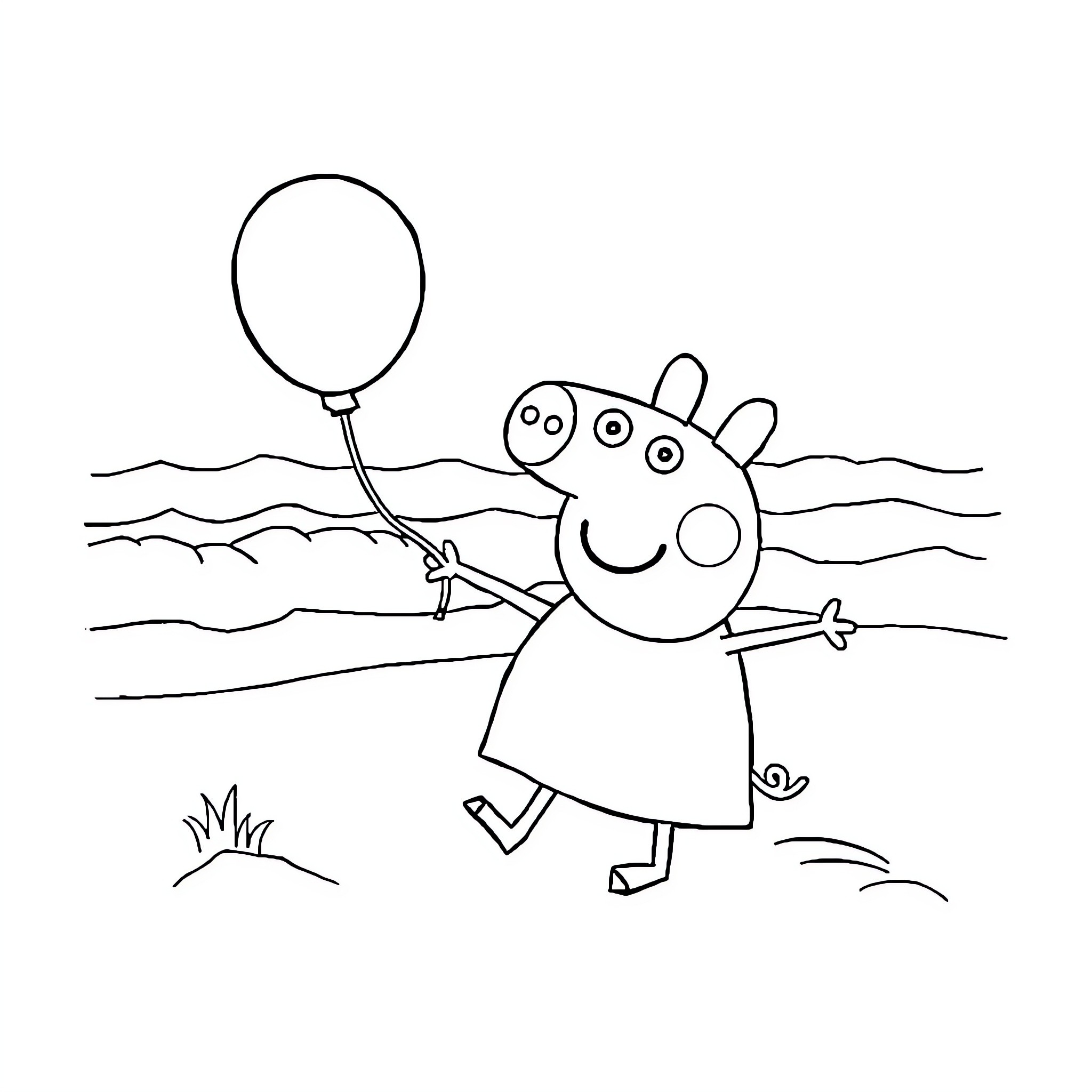 Peppa Pig playing with balloon on the beach Coloring Page (free black-and-white line drawing printable PDF for all, from beginners to advanced learners, including children, teens, adults, and seniors)